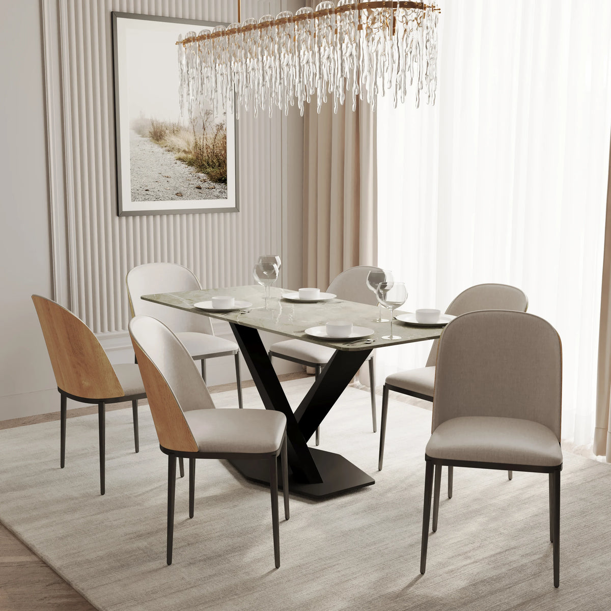 Voren 7-Piece Dining Set with 55" Rectangular Dining Table in Deep Grey Sintered Stone Top and 6 Leather/Velvet/Suede Fabric Dining Chairs - Elax Furniture