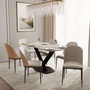 Voren 7-Piece Dining Set with 55" Rectangular Dining Table in Deep Grey Sintered Stone Top and 6 Leather/Velvet/Suede Fabric Dining Chairs - Elax Furniture