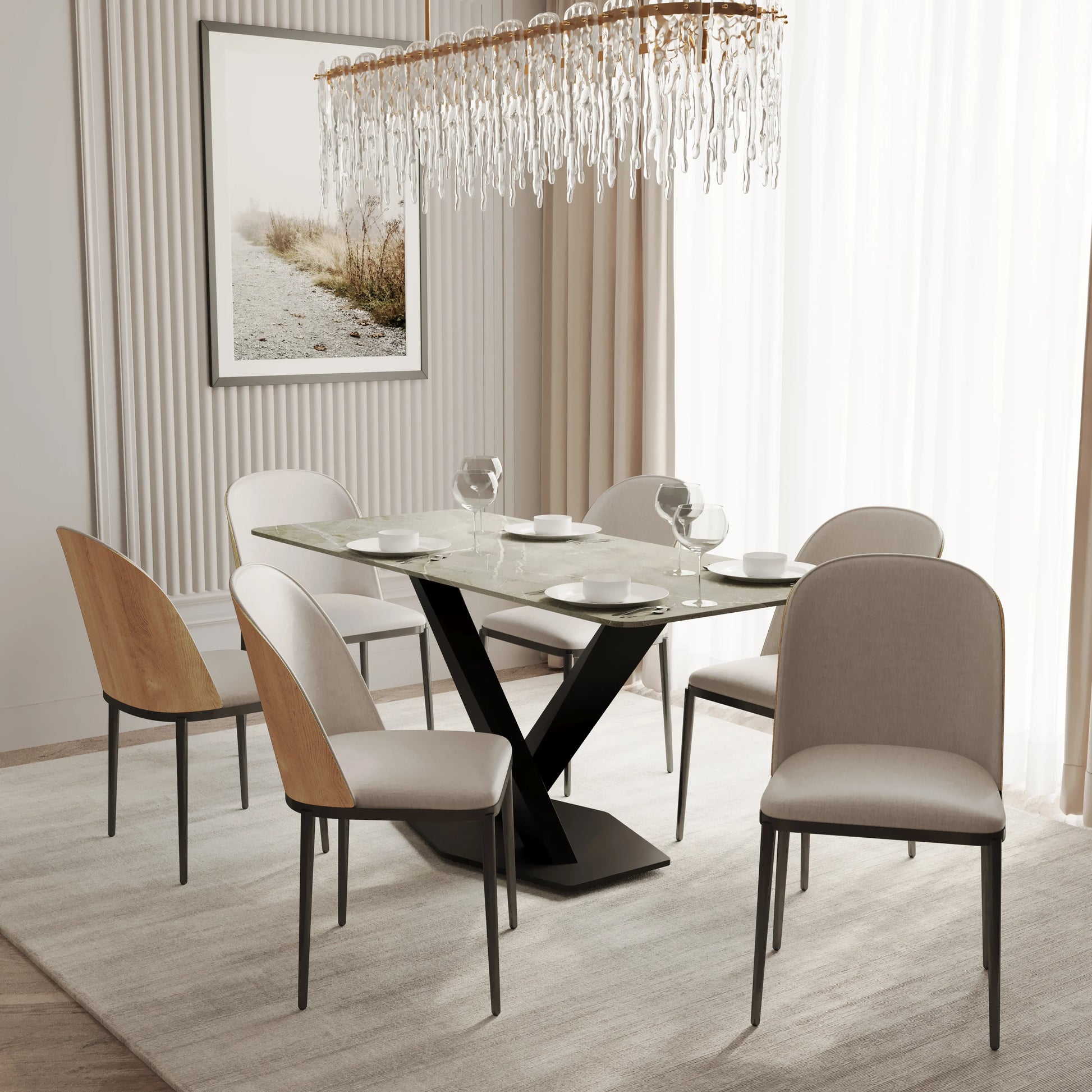 Voren 7-Piece Dining Set with 55" Rectangular Dining Table in Deep Grey Sintered Stone Top and 6 Leather/Velvet/Suede Fabric Dining Chairs - Elax Furniture