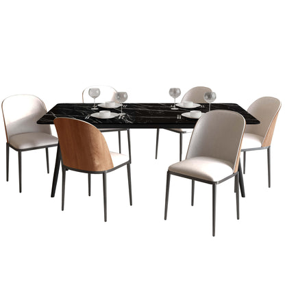 Zayle 7-Piece Dining Set with 55" Rectangular Dining Table in Black/Gold Sintered Stone Top and 6 Leather Dining Chairs - Elax Furniture