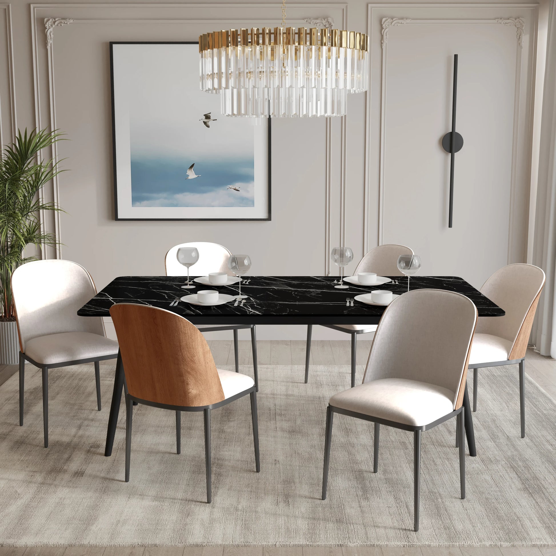 Zayle 7-Piece Dining Set with 55" Rectangular Dining Table in Black/Gold Sintered Stone Top and 6 Leather Dining Chairs - Elax Furniture