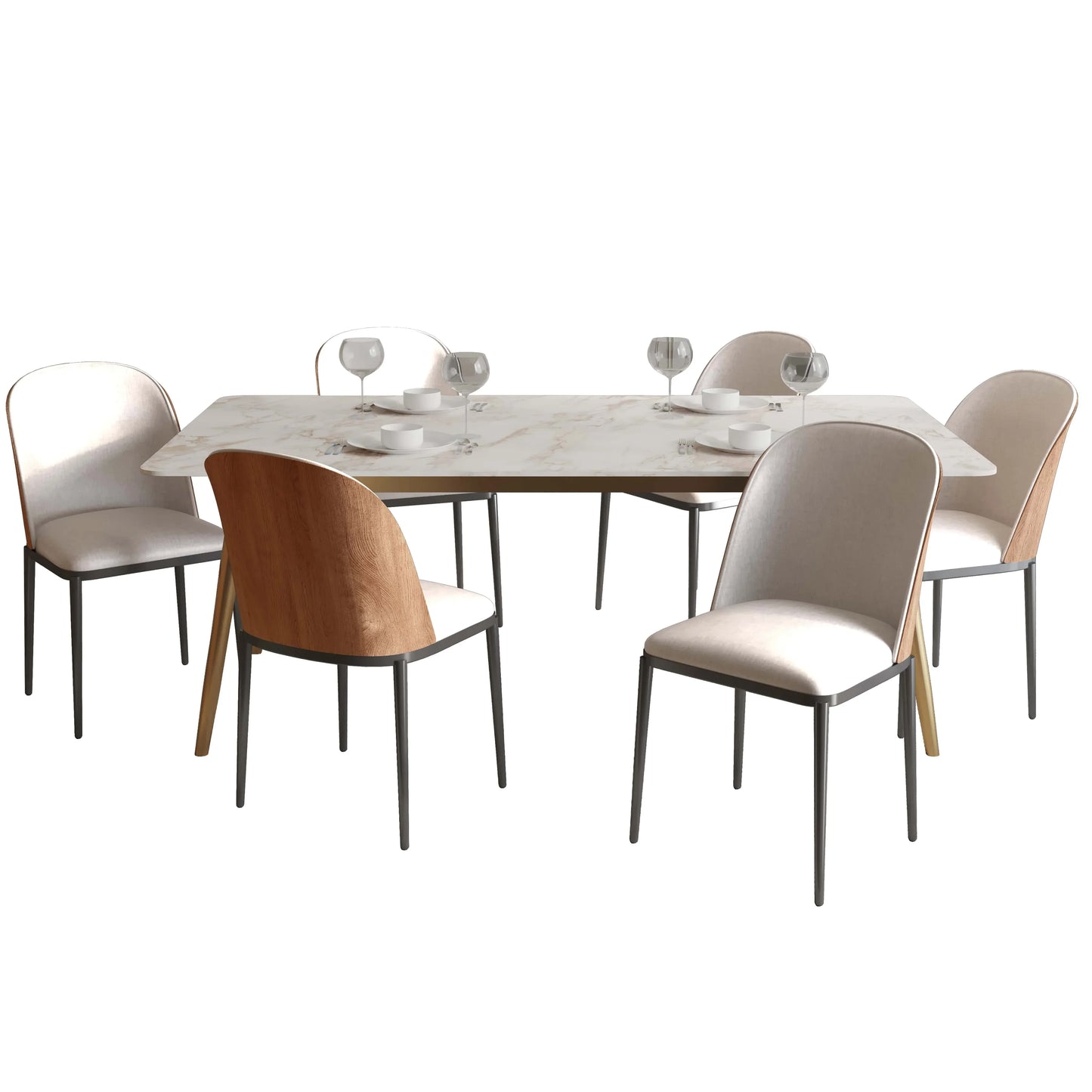 Zayle 7-Piece Dining Set with 55" Rectangular Dining Table in White Grey Sintered Stone Top and 6 Leather Dining Chairs - Elax Furniture