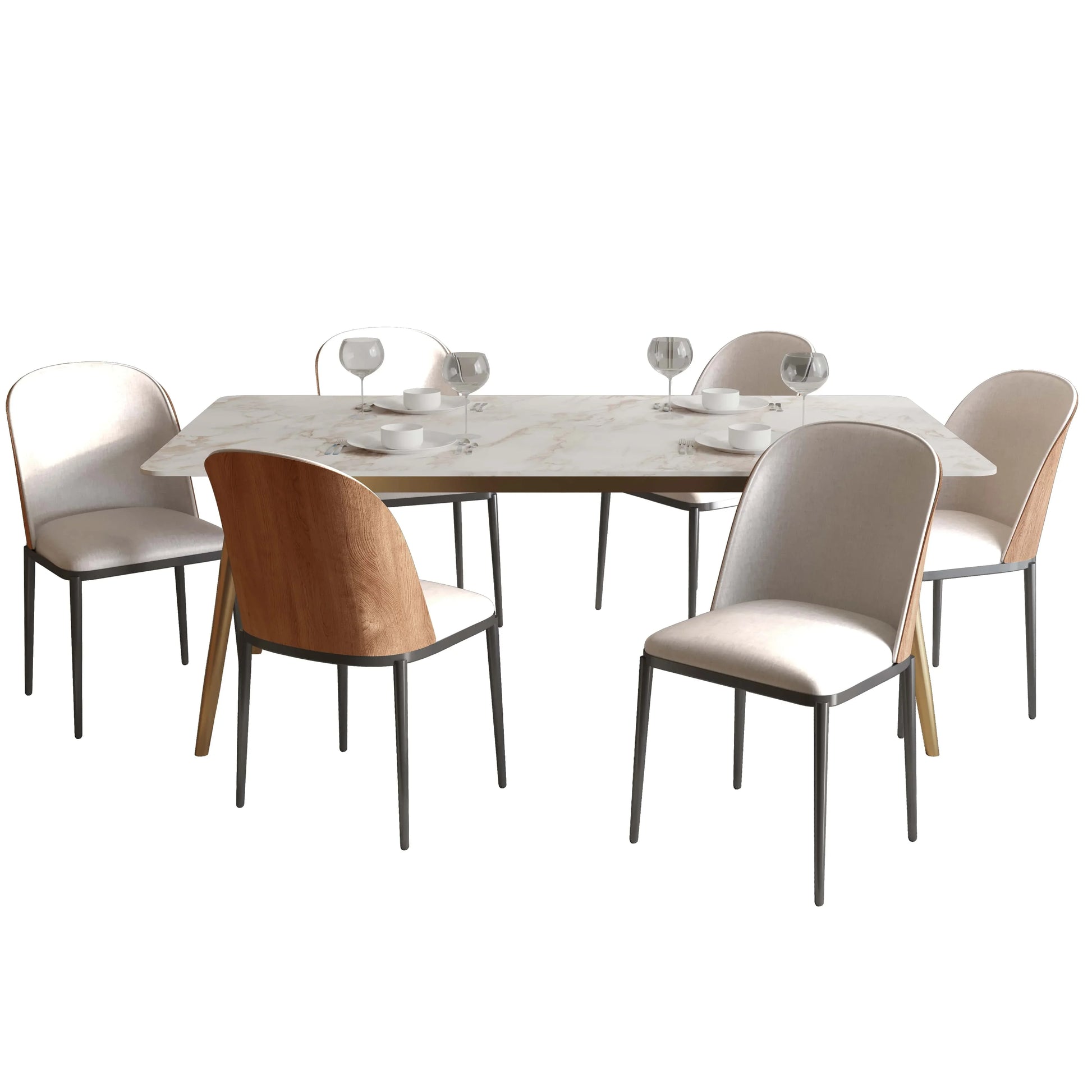 Zayle 7-Piece Dining Set with 55" Rectangular Dining Table in White Grey Sintered Stone Top and 6 Leather Dining Chairs - Elax Furniture