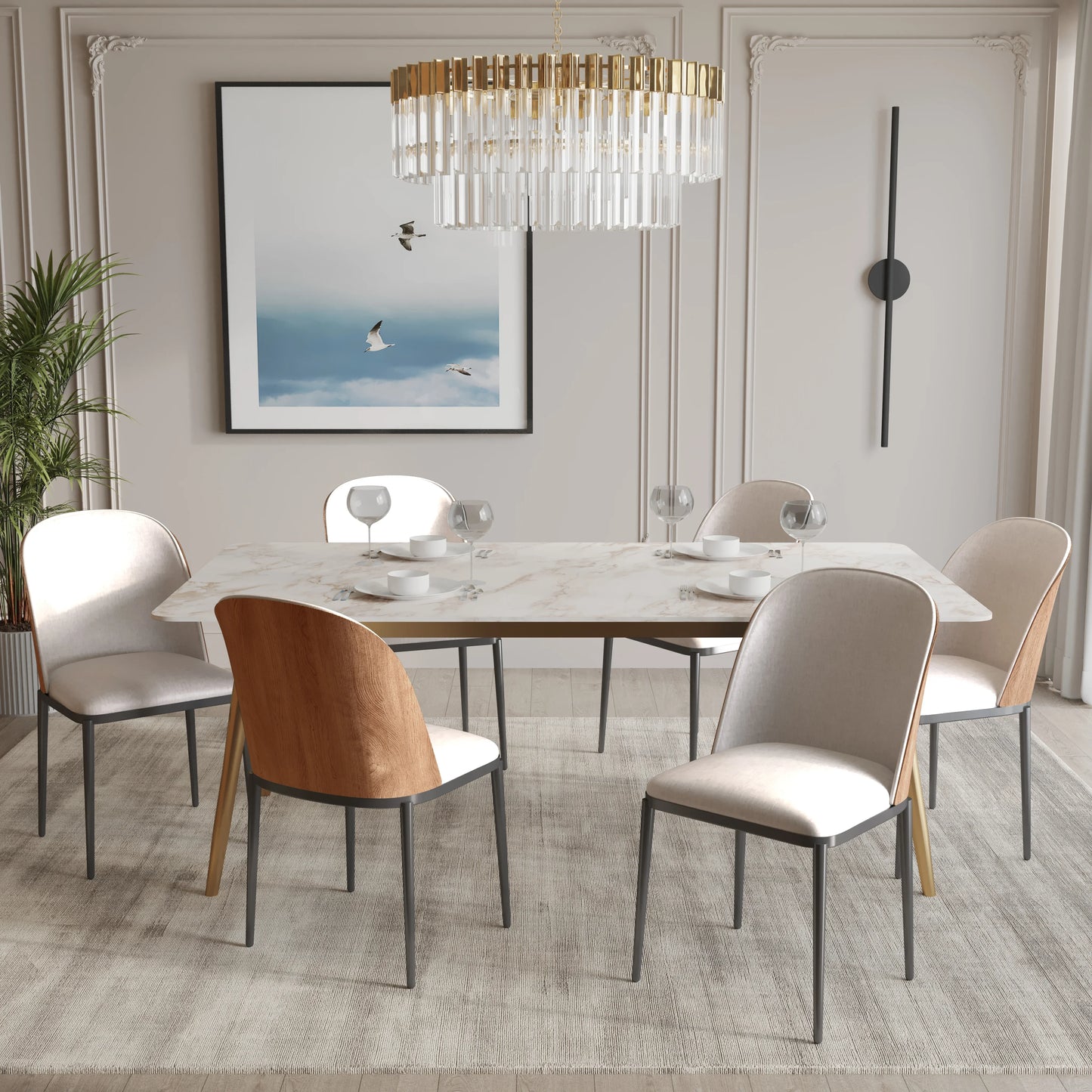 Zayle 7-Piece Dining Set with 55" Rectangular Dining Table in White Grey Sintered Stone Top and 6 Leather Dining Chairs - Elax Furniture