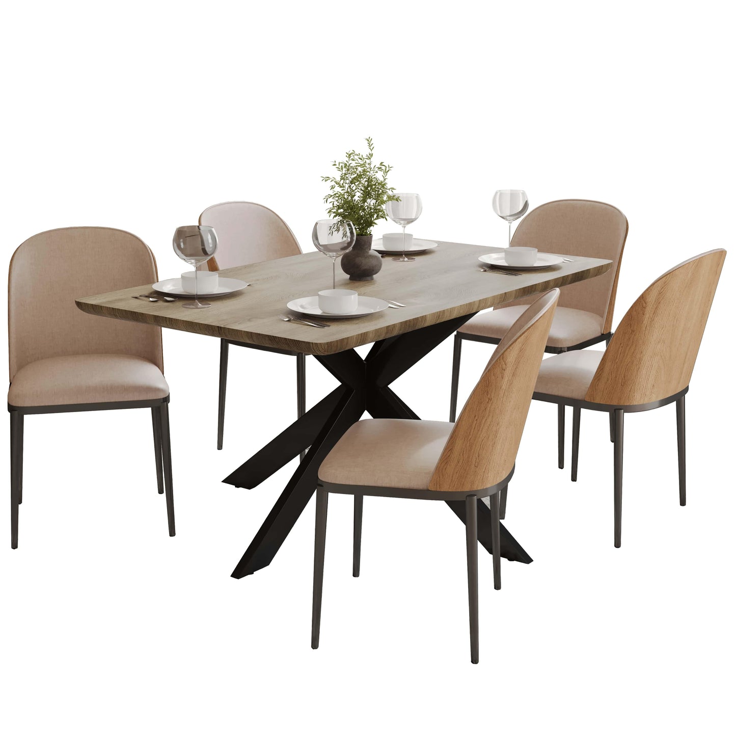 Ravenna 6-Piece Dining Set with 63" Rectangular Dining Table in Natural Wood MDF and 5 Leather/Fabric/Suede Fabric Dining Chairs - Elax Furniture