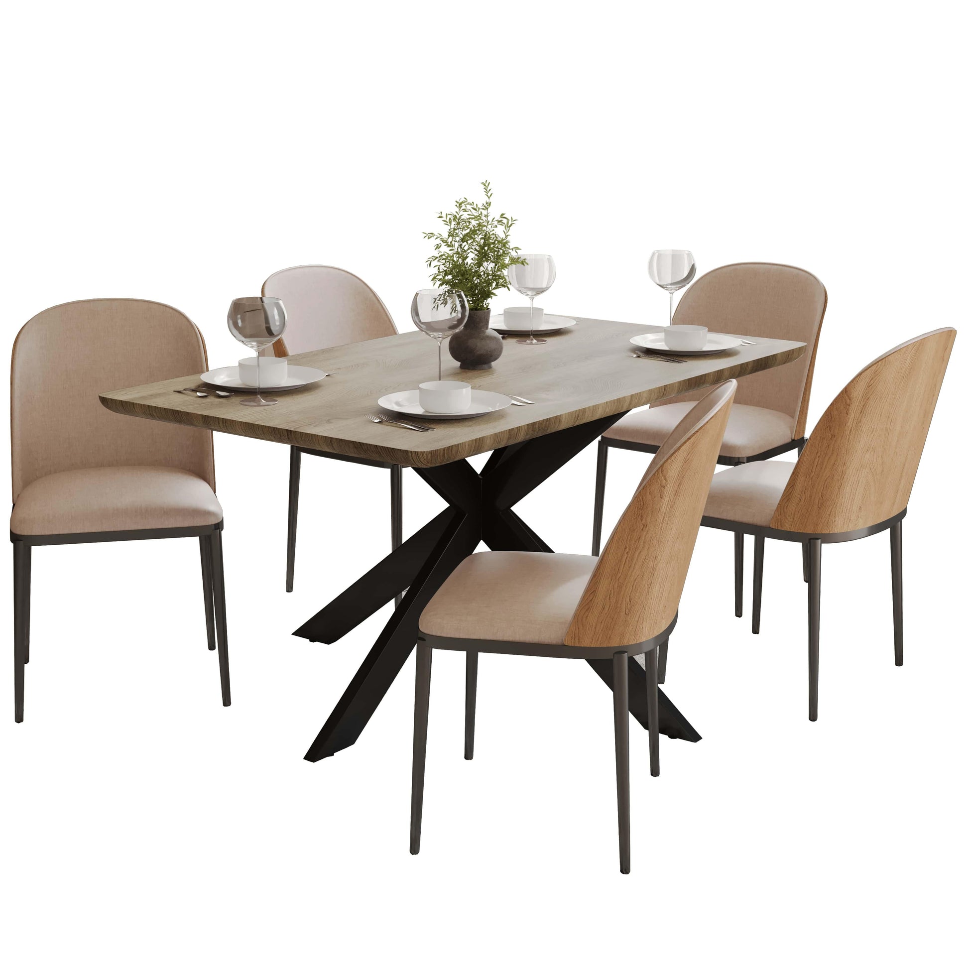 Ravenna 6-Piece Dining Set with 63" Rectangular Dining Table in Natural Wood MDF and 5 Leather/Fabric/Suede Fabric Dining Chairs - Elax Furniture