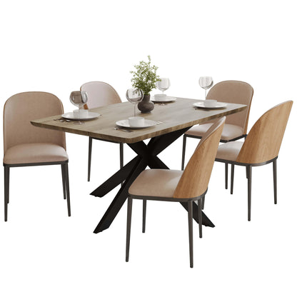 Ravenna 6-Piece Dining Set with 63" Rectangular Dining Table in Natural Wood MDF and 5 Leather/Fabric/Suede Fabric Dining Chairs - Elax Furniture