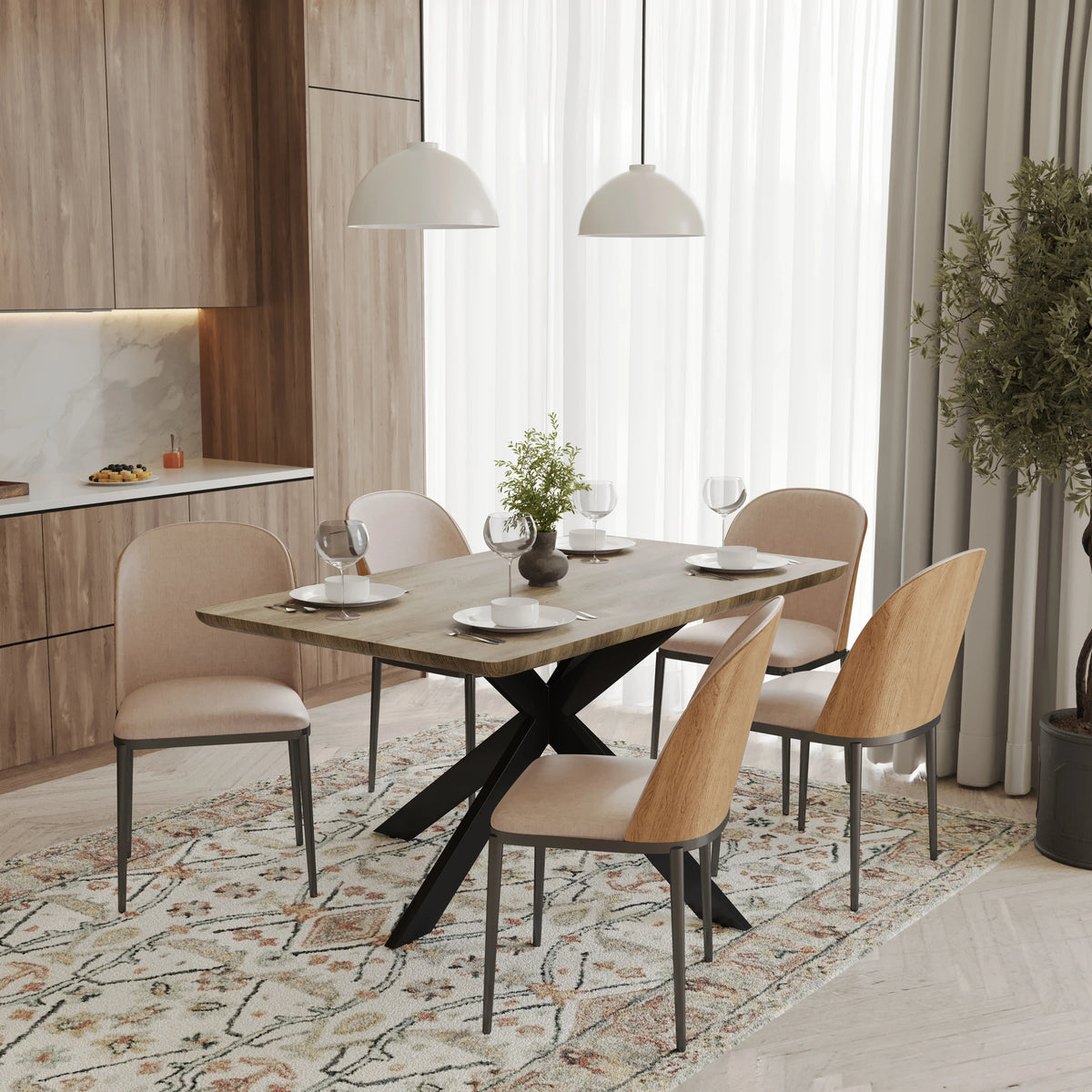Ravenna 6-Piece Dining Set with 63" Rectangular Dining Table in Natural Wood MDF and 5 Leather/Fabric/Suede Fabric Dining Chairs - Elax Furniture