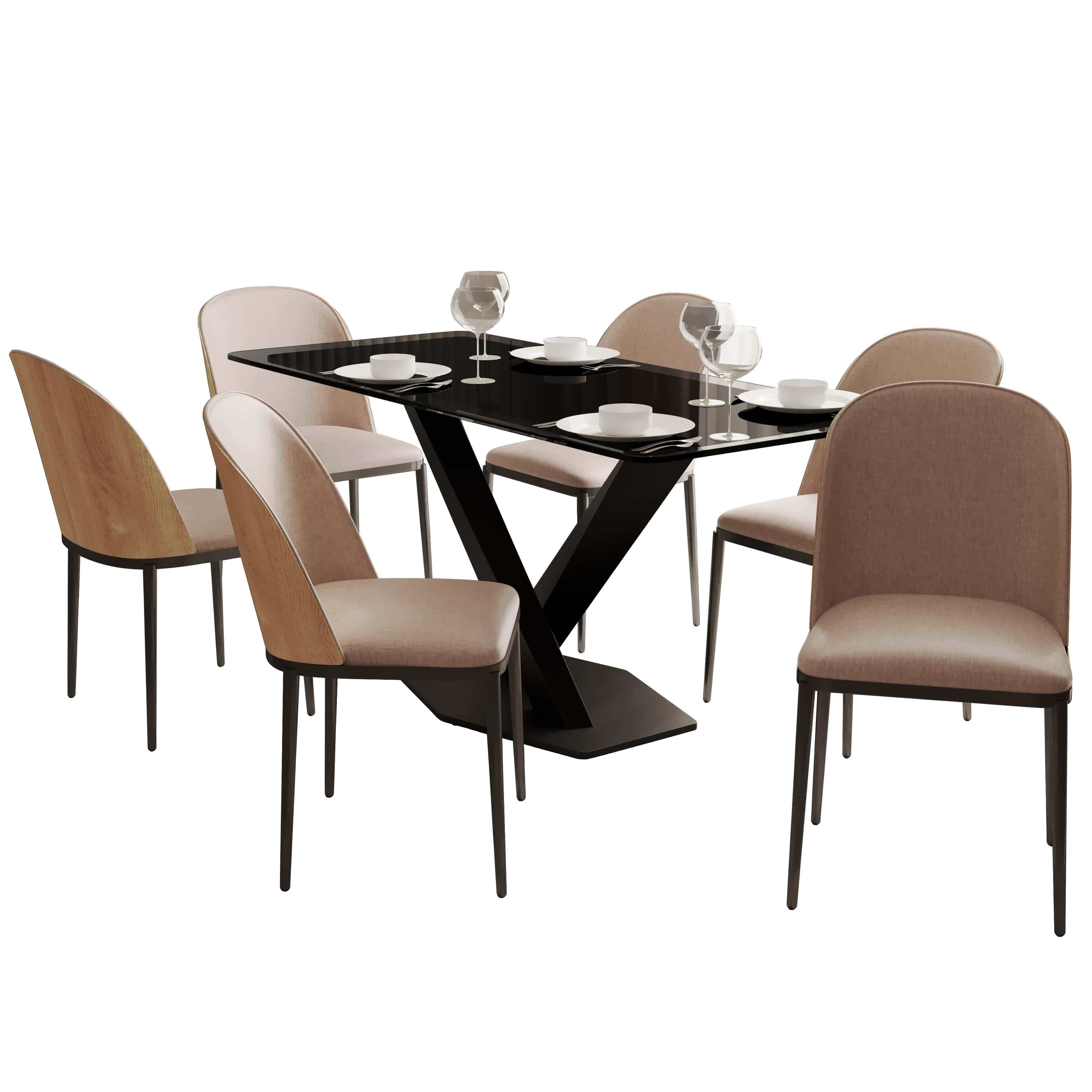 Voren 7-Piece Dining Set with 55" Rectangular Dining Table in Black Glass Top and 6 Leather/Velvet/Suede Fabric Dining Chairs - Elax Furniture