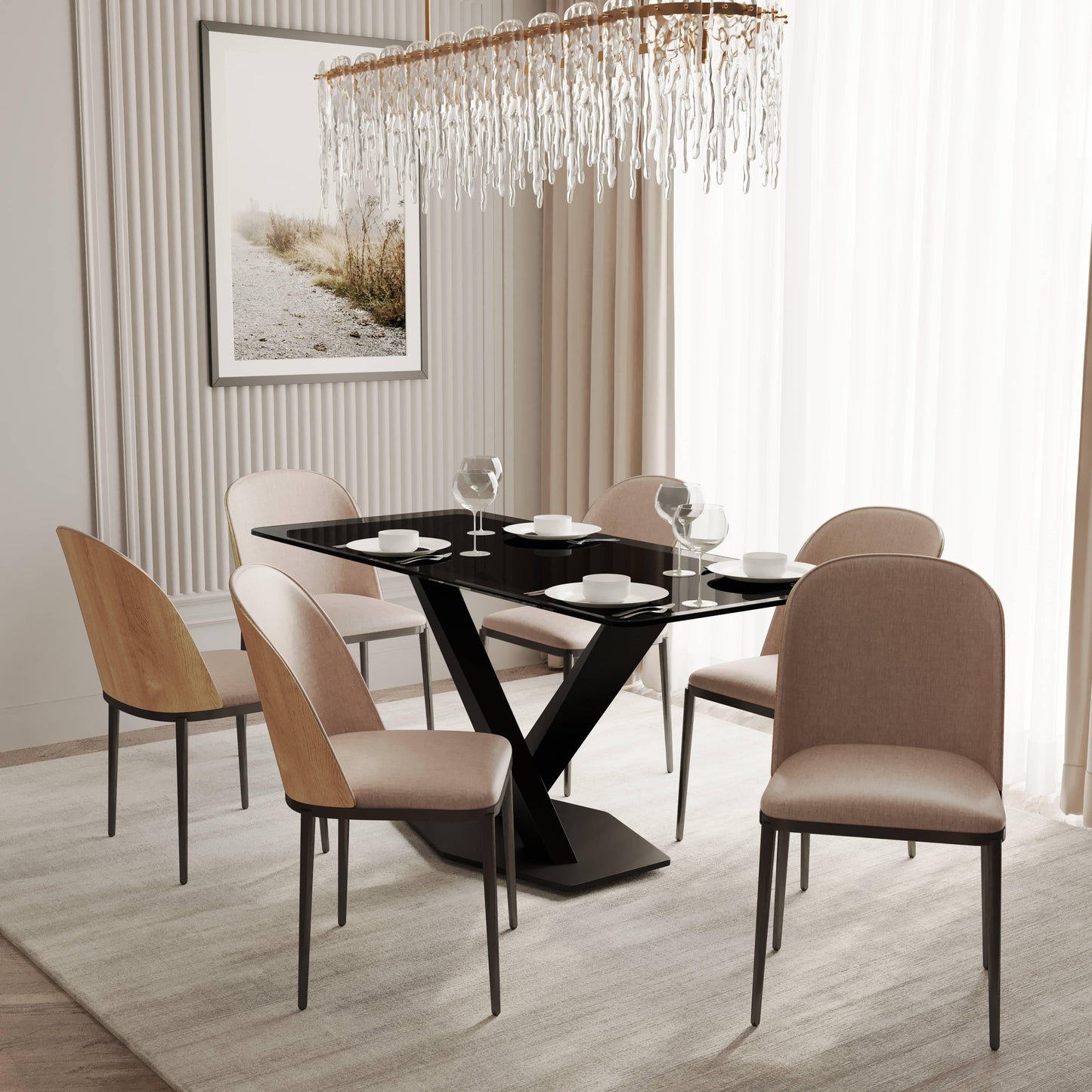 Voren 7-Piece Dining Set with 55" Rectangular Dining Table in Black Glass Top and 6 Leather/Velvet/Suede Fabric Dining Chairs - Elax Furniture
