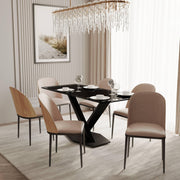 Voren 7-Piece Dining Set with 55" Rectangular Dining Table in Black Glass Top and 6 Leather/Velvet/Suede Fabric Dining Chairs - Elax Furniture