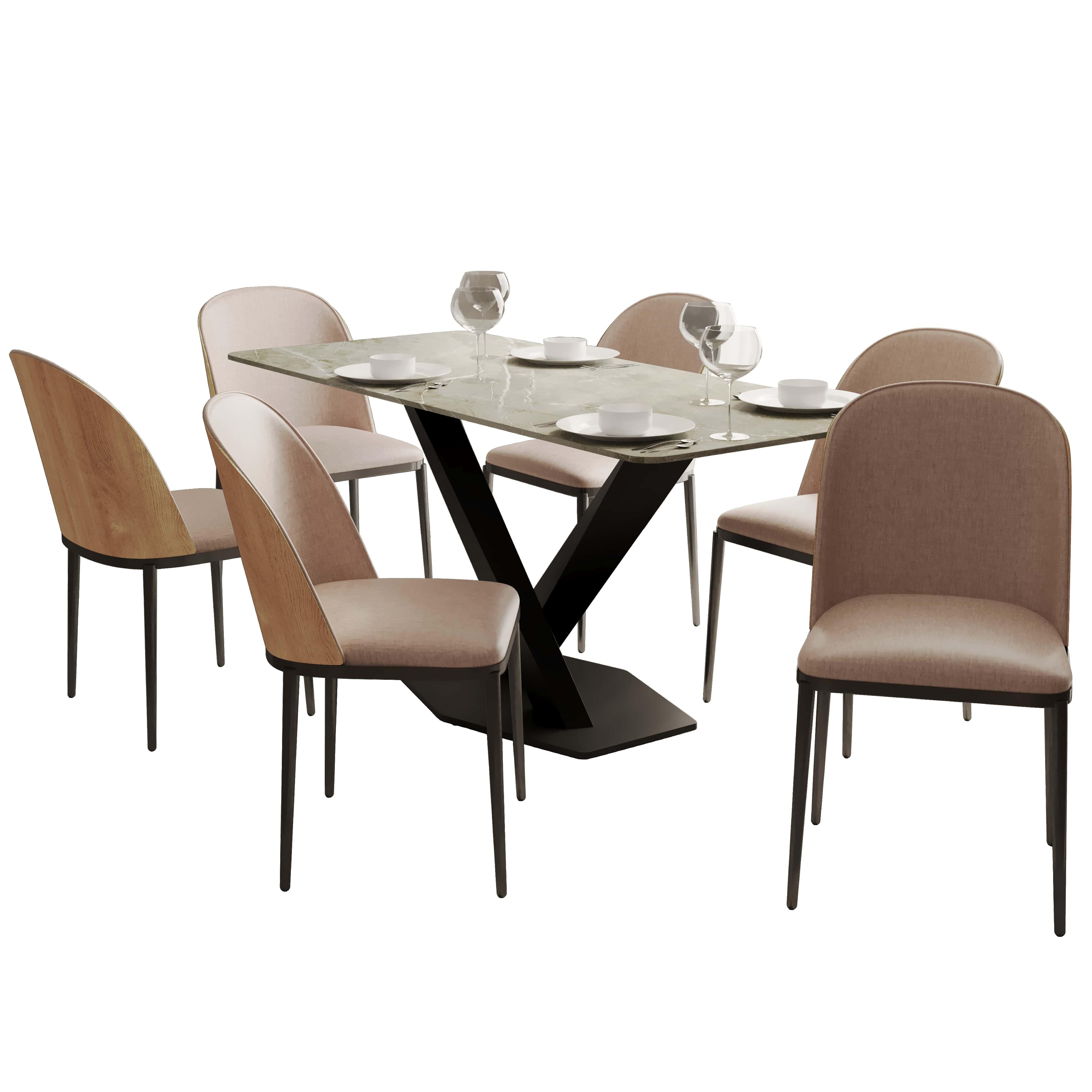 Voren 7-Piece Dining Set with 55" Rectangular Dining Table in Deep Grey Sintered Stone Top and 6 Leather/Velvet/Suede Fabric Dining Chairs - Elax Furniture
