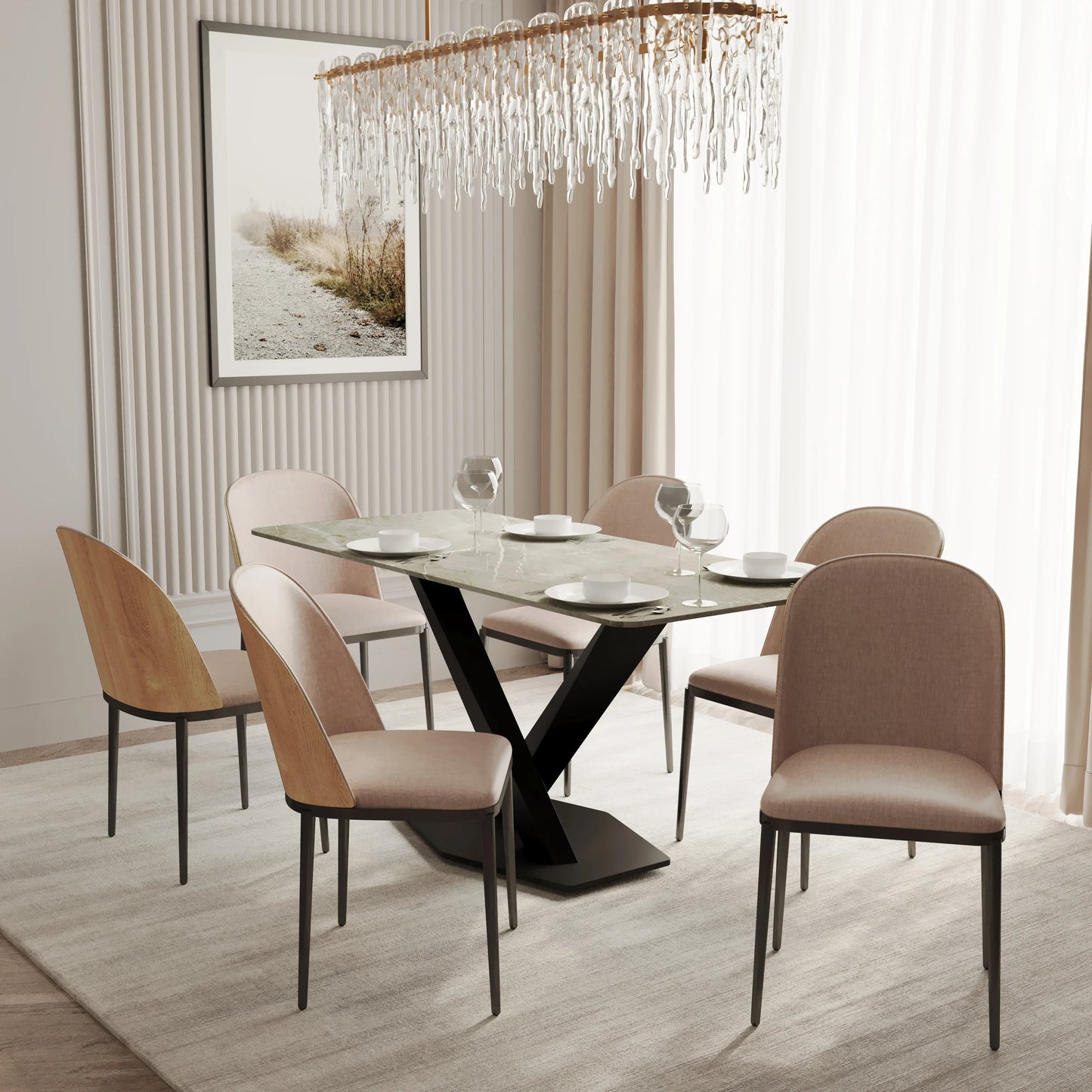 Voren 7-Piece Dining Set with 55" Rectangular Dining Table in Deep Grey Sintered Stone Top and 6 Leather/Velvet/Suede Fabric Dining Chairs - Elax Furniture