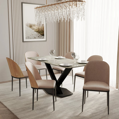 Voren 7-Piece Dining Set with 55" Rectangular Dining Table in Deep Grey Sintered Stone Top and 6 Leather/Velvet/Suede Fabric Dining Chairs - Elax Furniture