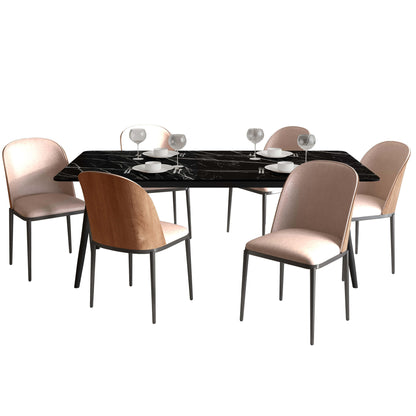 Zayle 7-Piece Dining Set with 55" Rectangular Dining Table in Black/Gold Sintered Stone Top and 6 Leather Dining Chairs - Elax Furniture