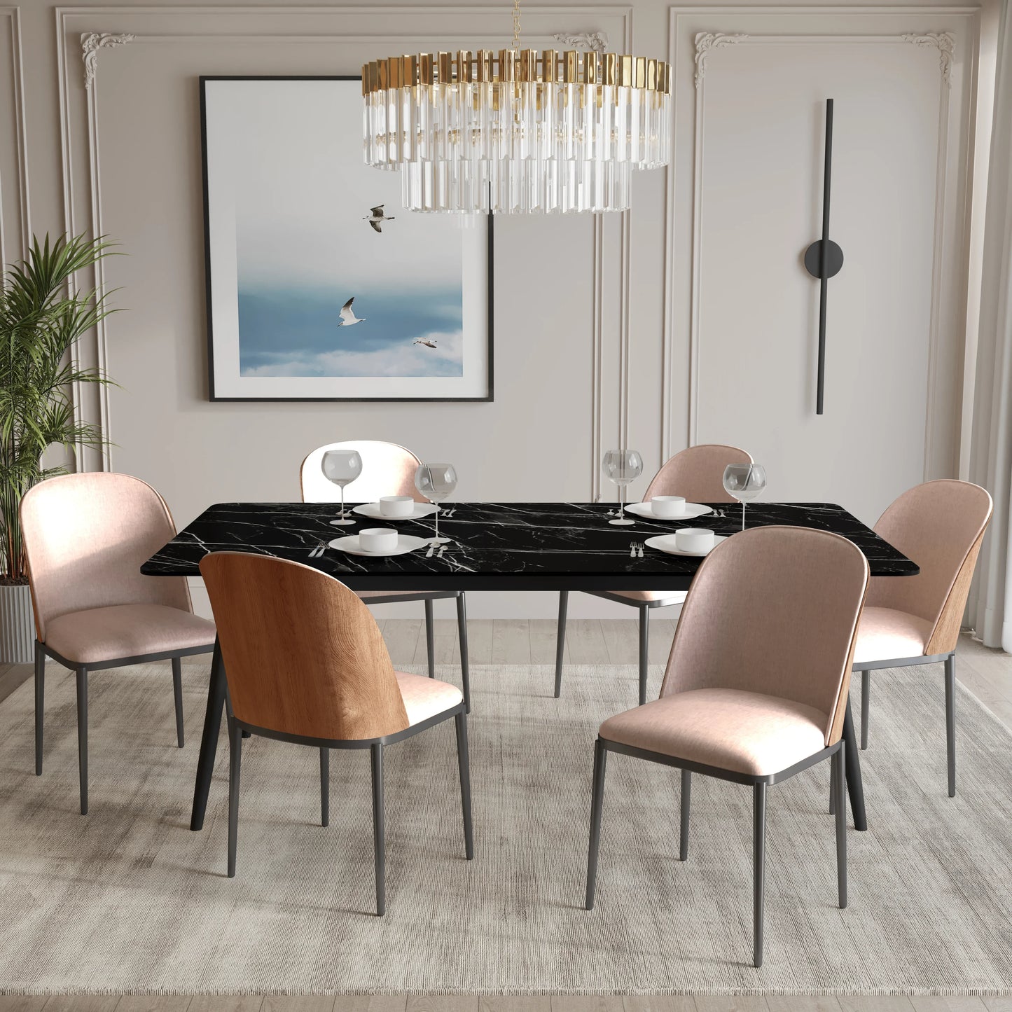 Zayle 7-Piece Dining Set with 55" Rectangular Dining Table in Black/Gold Sintered Stone Top and 6 Leather Dining Chairs - Elax Furniture