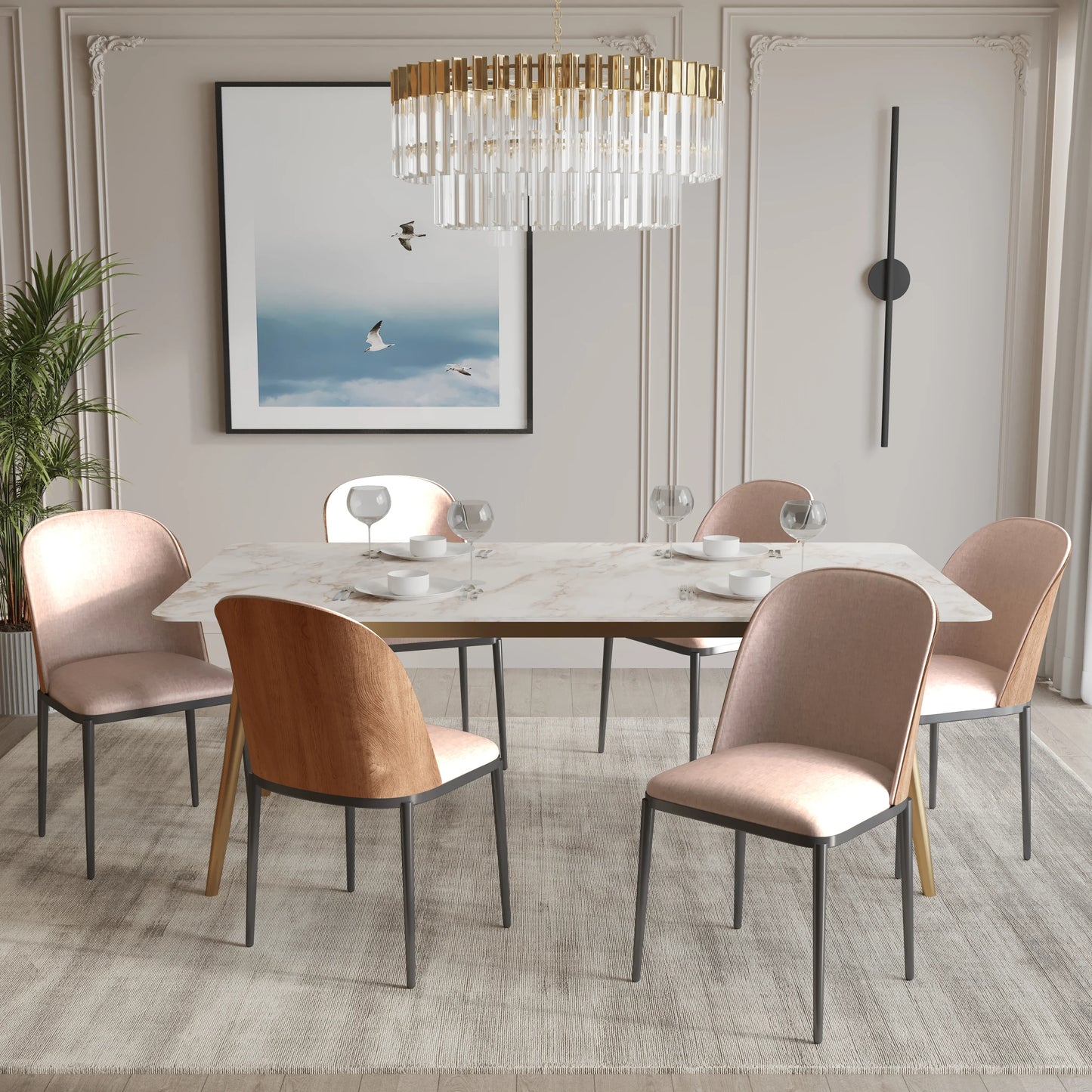 Zayle 7-Piece Dining Set with 55" Rectangular Dining Table in White Grey Sintered Stone Top and 6 Leather Dining Chairs - Elax Furniture