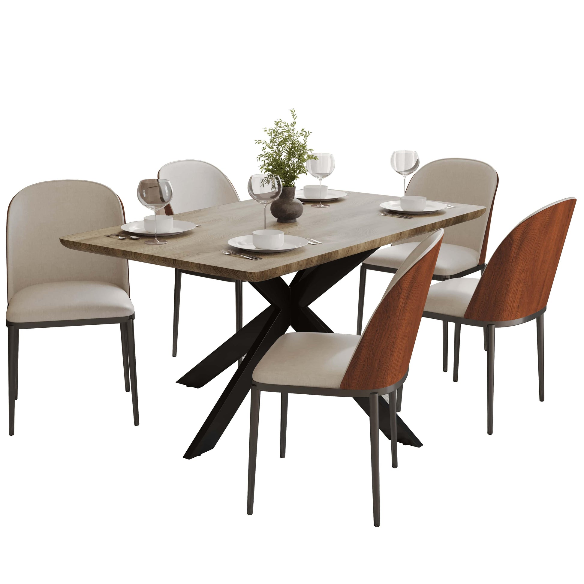 Ravenna 6-Piece Dining Set with 63" Rectangular Dining Table in Natural Wood MDF and 5 Leather/Fabric/Suede Fabric Dining Chairs - Elax Furniture