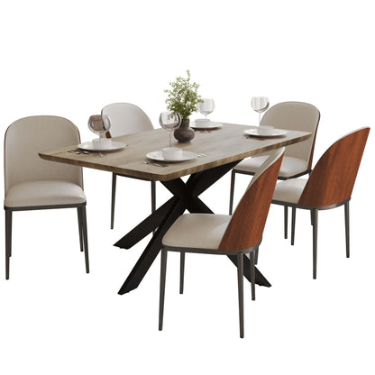 Ravenna 6-Piece Dining Set with 63" Rectangular Dining Table in Natural Wood MDF and 5 Leather/Fabric/Suede Fabric Dining Chairs - Elax Furniture