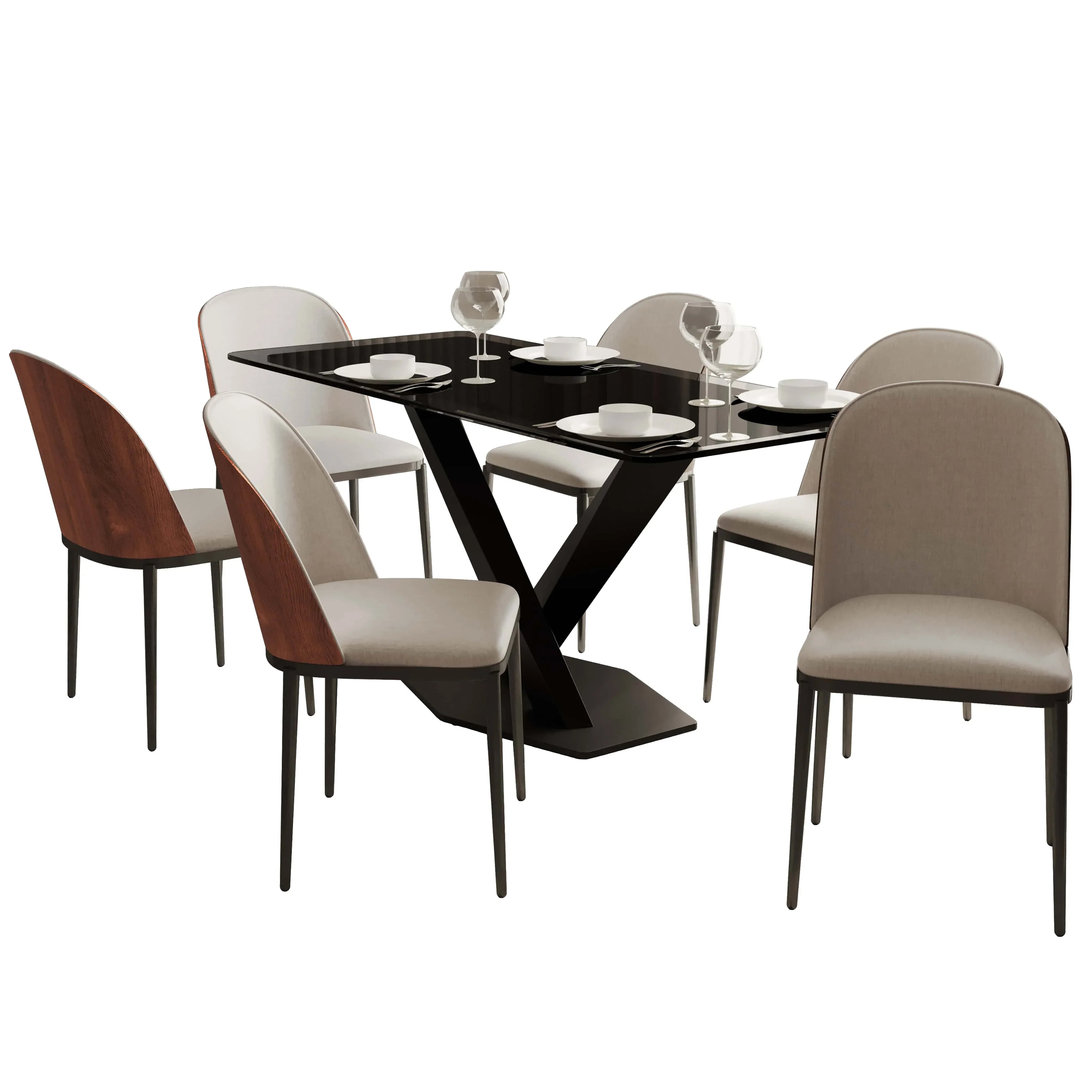 Voren 7-Piece Dining Set with 55" Rectangular Dining Table in Black Glass Top and 6 Leather/Velvet/Suede Fabric Dining Chairs - Elax Furniture
