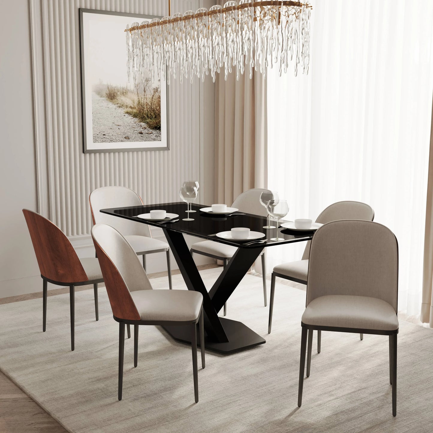 Voren 7-Piece Dining Set with 55" Rectangular Dining Table in Black Glass Top and 6 Leather/Velvet/Suede Fabric Dining Chairs - Elax Furniture