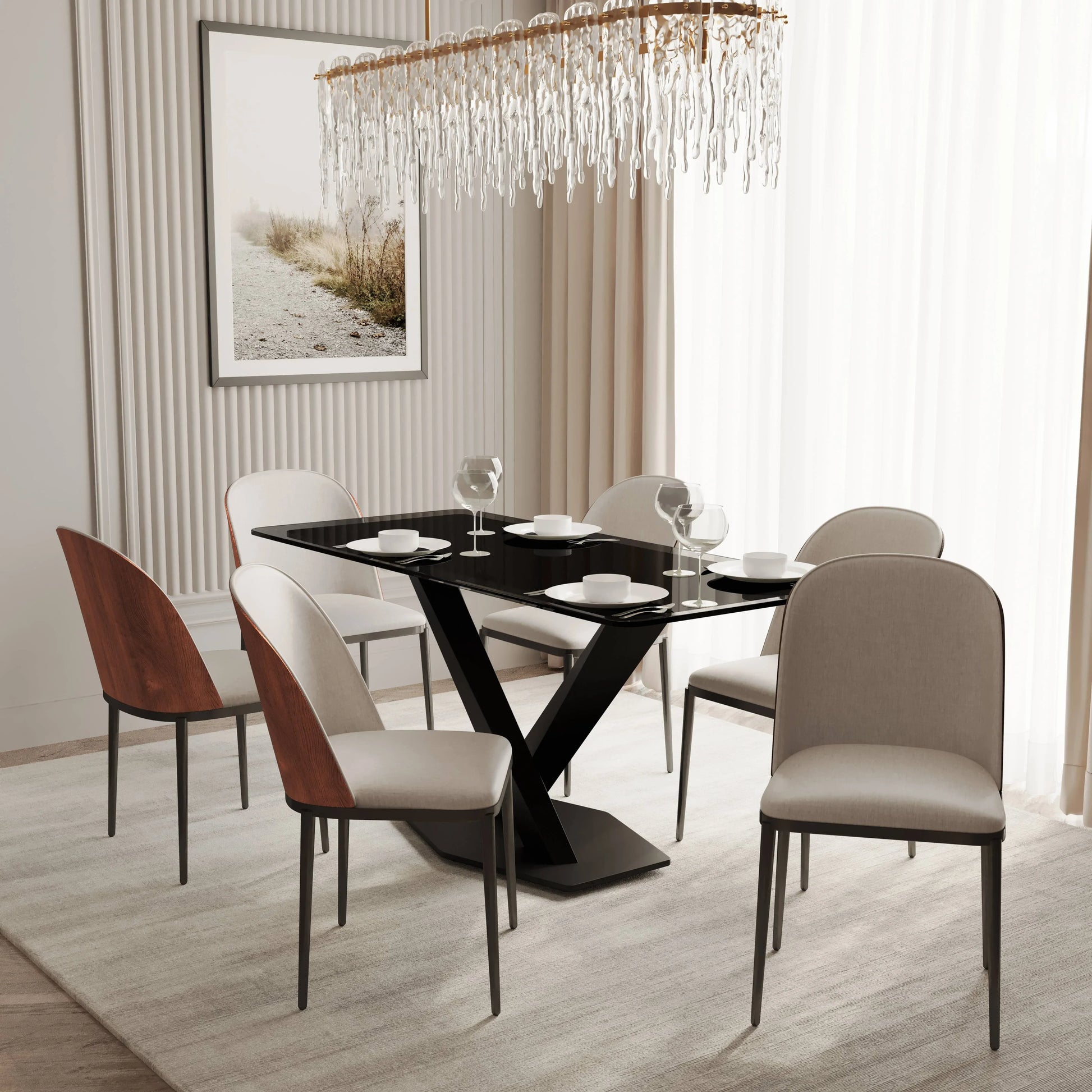 Voren 7-Piece Dining Set with 55" Rectangular Dining Table in Black Glass Top and 6 Leather/Velvet/Suede Fabric Dining Chairs - Elax Furniture