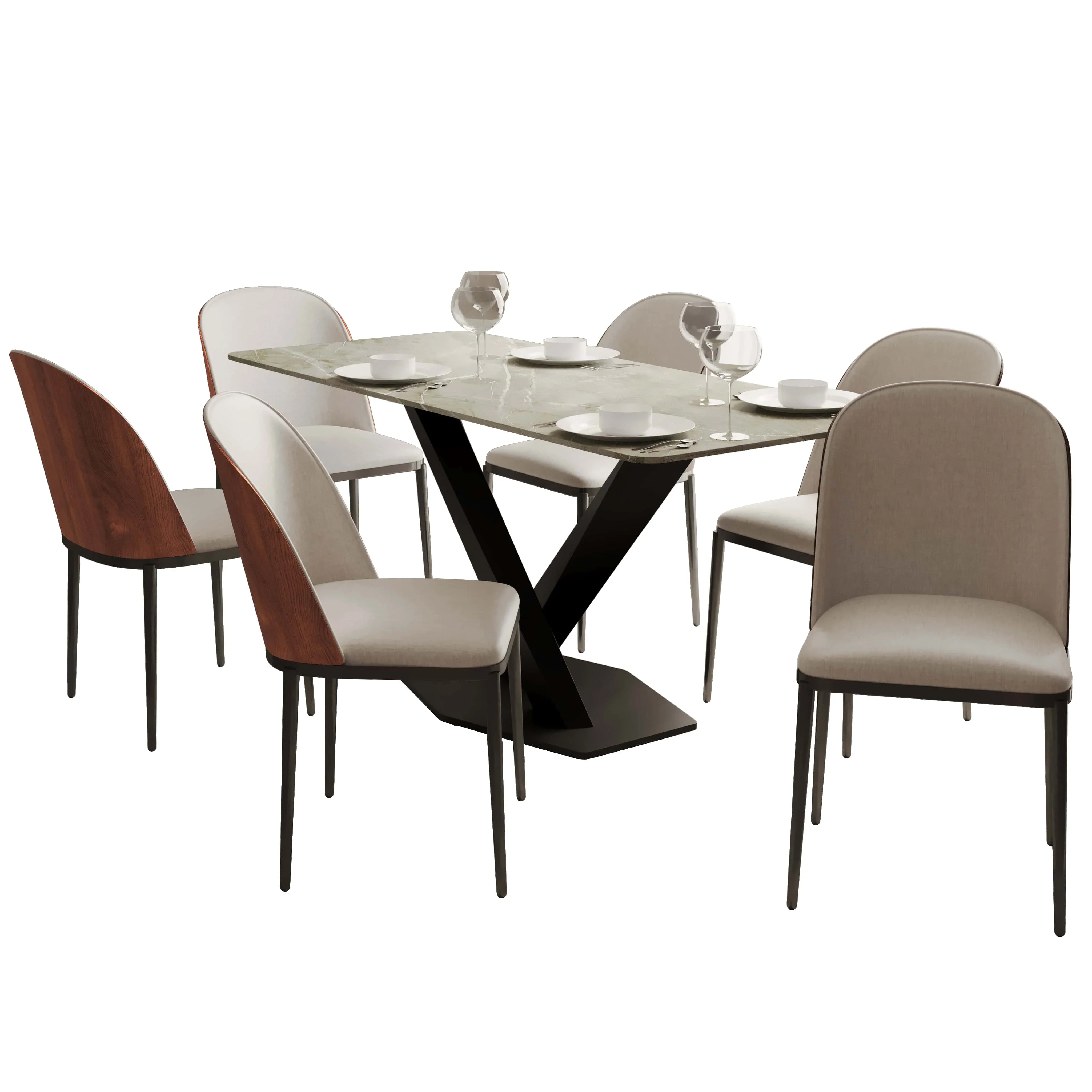 Voren 7-Piece Dining Set with 55" Rectangular Dining Table in Deep Grey Sintered Stone Top and 6 Leather/Velvet/Suede Fabric Dining Chairs - Elax Furniture