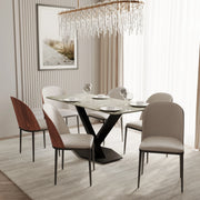 Voren 7-Piece Dining Set with 55" Rectangular Dining Table in Deep Grey Sintered Stone Top and 6 Leather/Velvet/Suede Fabric Dining Chairs - Elax Furniture