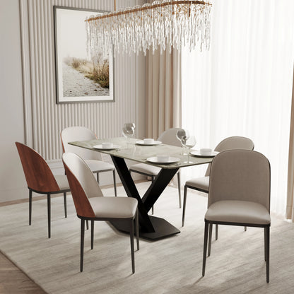 Voren 7-Piece Dining Set with 55" Rectangular Dining Table in Deep Grey Sintered Stone Top and 6 Leather/Velvet/Suede Fabric Dining Chairs - Elax Furniture