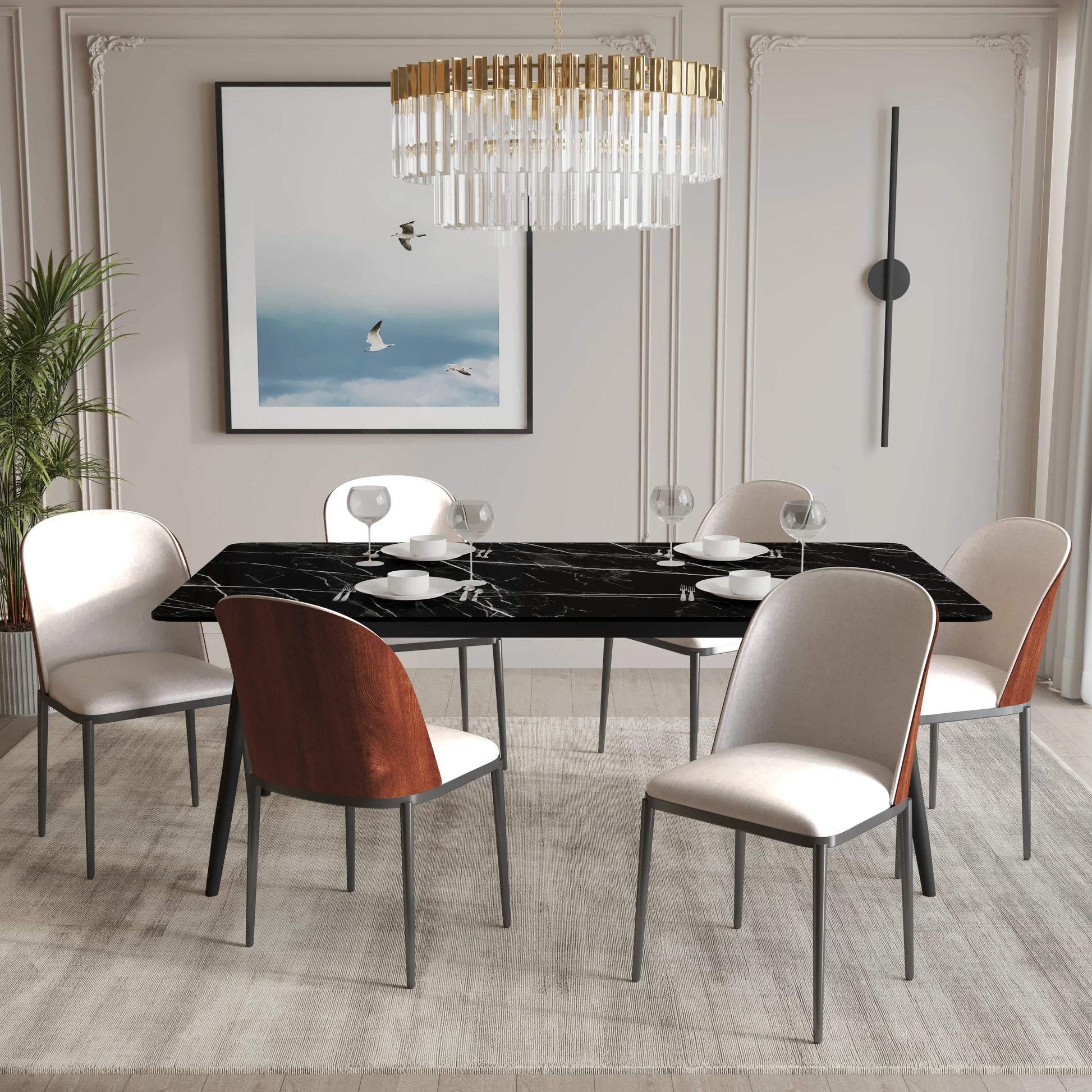 Zayle 7-Piece Dining Set with 55" Rectangular Dining Table in Black/Gold Sintered Stone Top and 6 Leather Dining Chairs - Elax Furniture