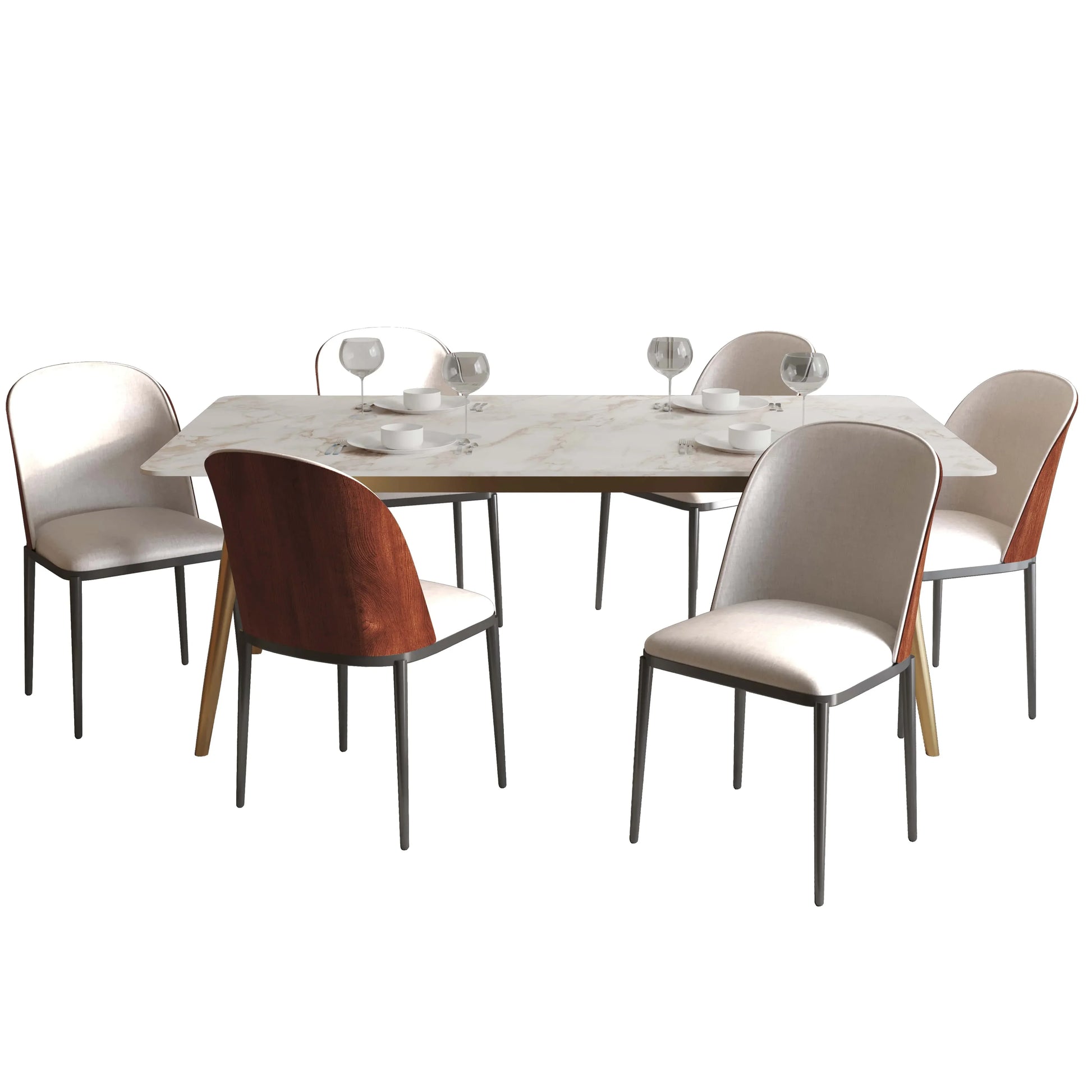 Zayle 7-Piece Dining Set with 55" Rectangular Dining Table in White Grey Sintered Stone Top and 6 Leather Dining Chairs - Elax Furniture