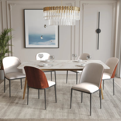 Zayle 7-Piece Dining Set with 55" Rectangular Dining Table in White Grey Sintered Stone Top and 6 Leather Dining Chairs - Elax Furniture