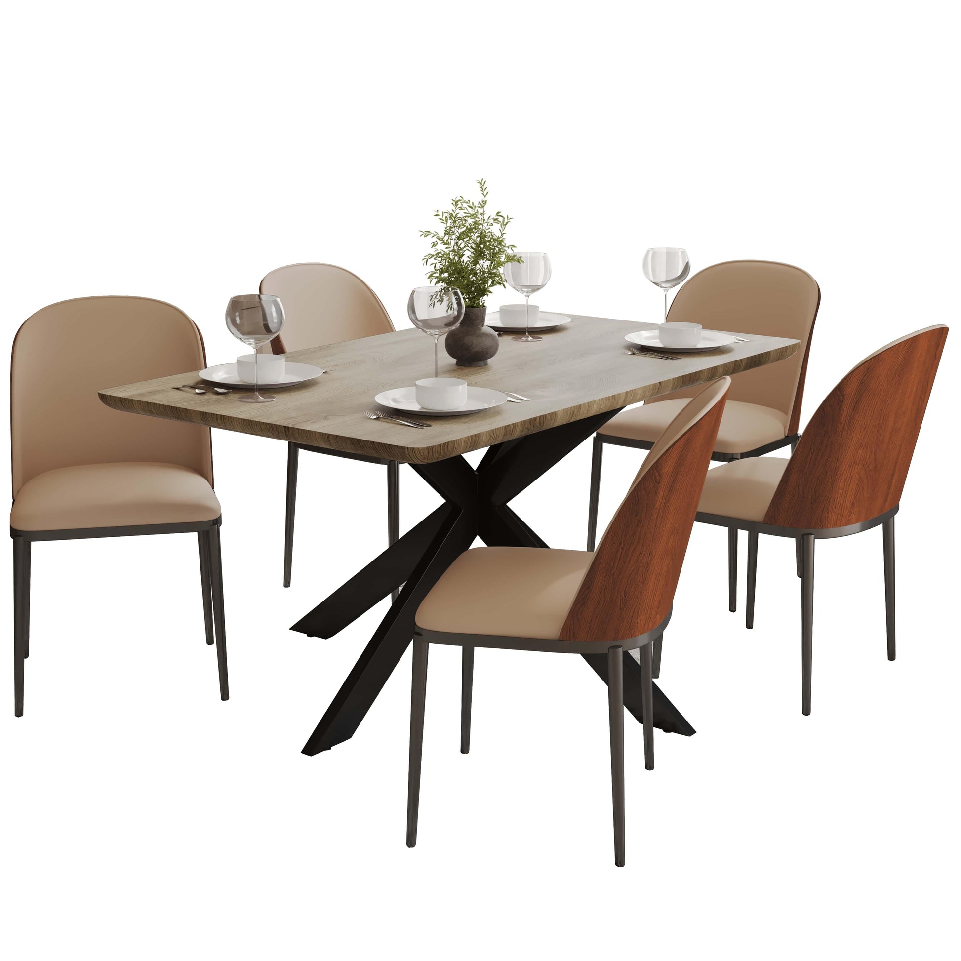Ravenna 6-Piece Dining Set with 63" Rectangular Dining Table in Natural Wood MDF and 5 Leather/Fabric/Suede Fabric Dining Chairs - Elax Furniture