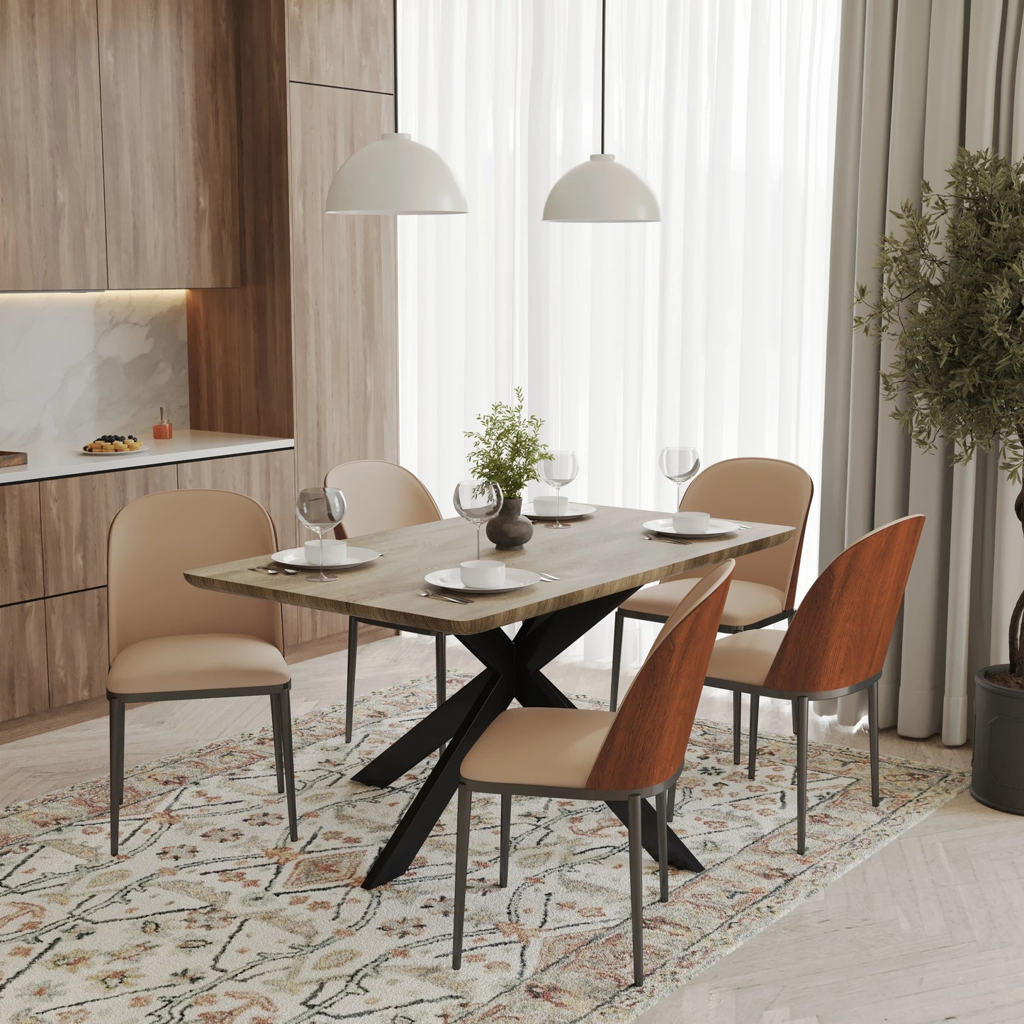 Ravenna 6-Piece Dining Set with 63" Rectangular Dining Table in Natural Wood MDF and 5 Leather/Fabric/Suede Fabric Dining Chairs - Elax Furniture