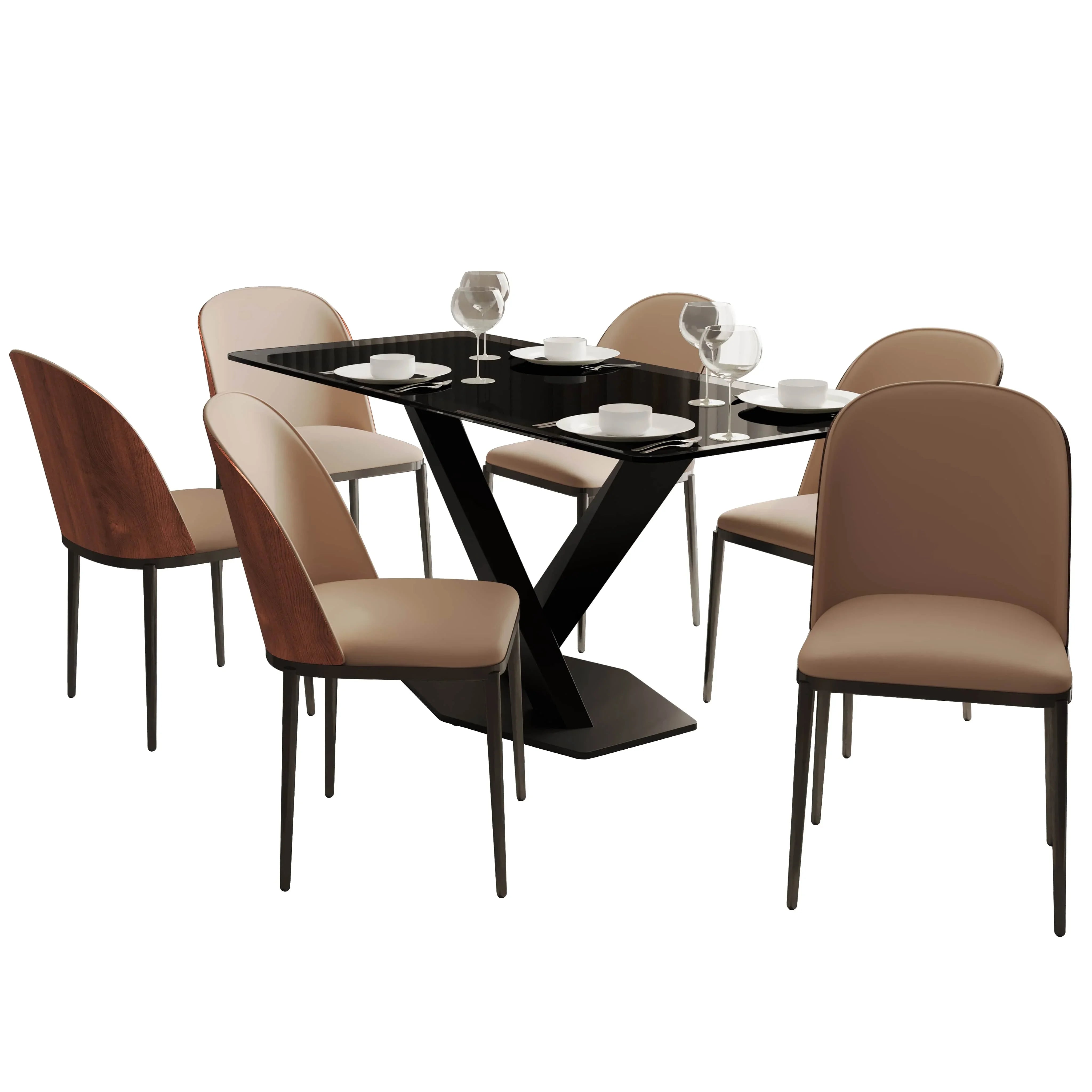 Voren 7-Piece Dining Set with 55" Rectangular Dining Table in Black Glass Top and 6 Leather/Velvet/Suede Fabric Dining Chairs - Elax Furniture