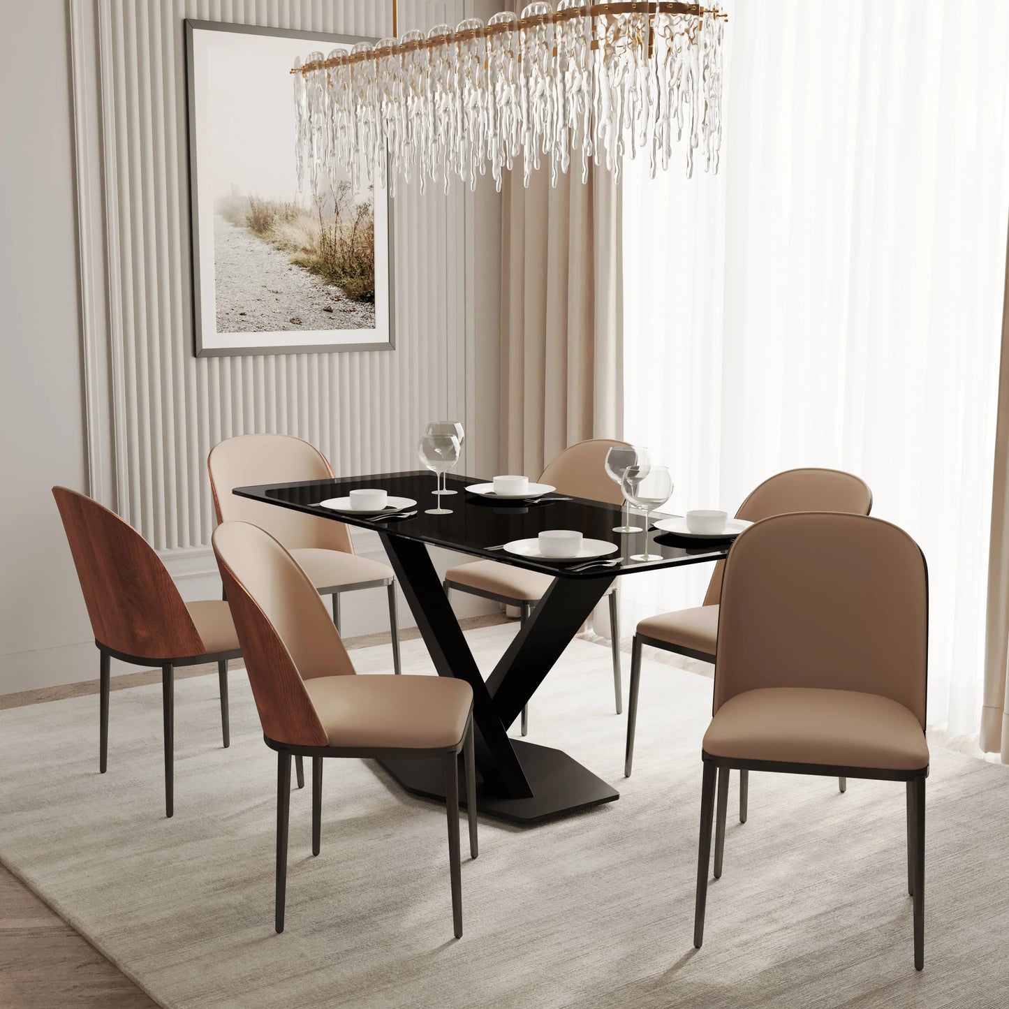 Voren 7-Piece Dining Set with 55" Rectangular Dining Table in Black Glass Top and 6 Leather/Velvet/Suede Fabric Dining Chairs - Elax Furniture