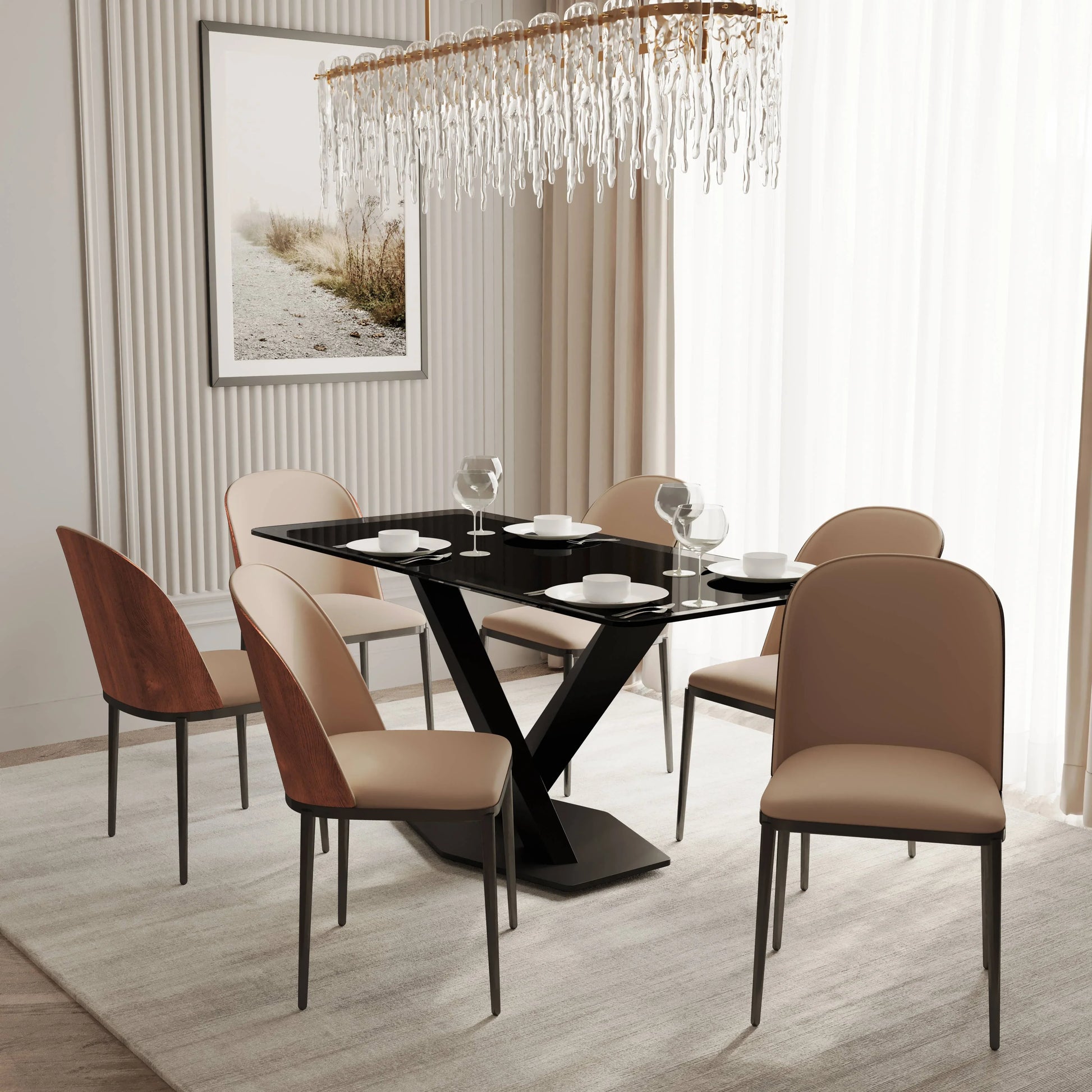Voren 7-Piece Dining Set with 55" Rectangular Dining Table in Black Glass Top and 6 Leather/Velvet/Suede Fabric Dining Chairs - Elax Furniture
