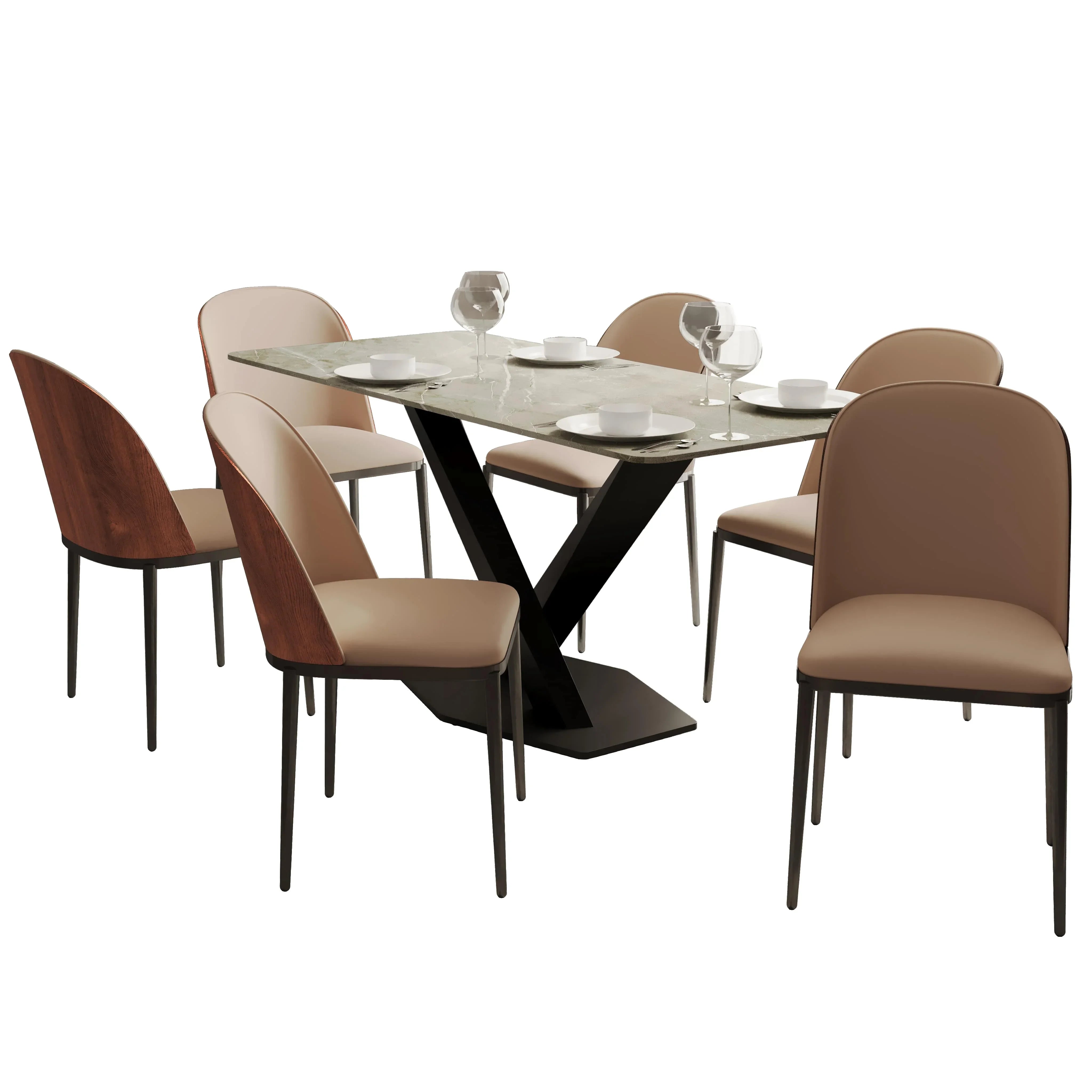 Voren 7-Piece Dining Set with 55" Rectangular Dining Table in Deep Grey Sintered Stone Top and 6 Leather/Velvet/Suede Fabric Dining Chairs - Elax Furniture
