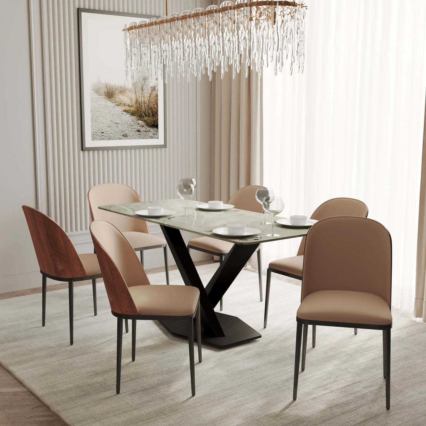 Voren 7-Piece Dining Set with 55" Rectangular Dining Table in Deep Grey Sintered Stone Top and 6 Leather/Velvet/Suede Fabric Dining Chairs - Elax Furniture