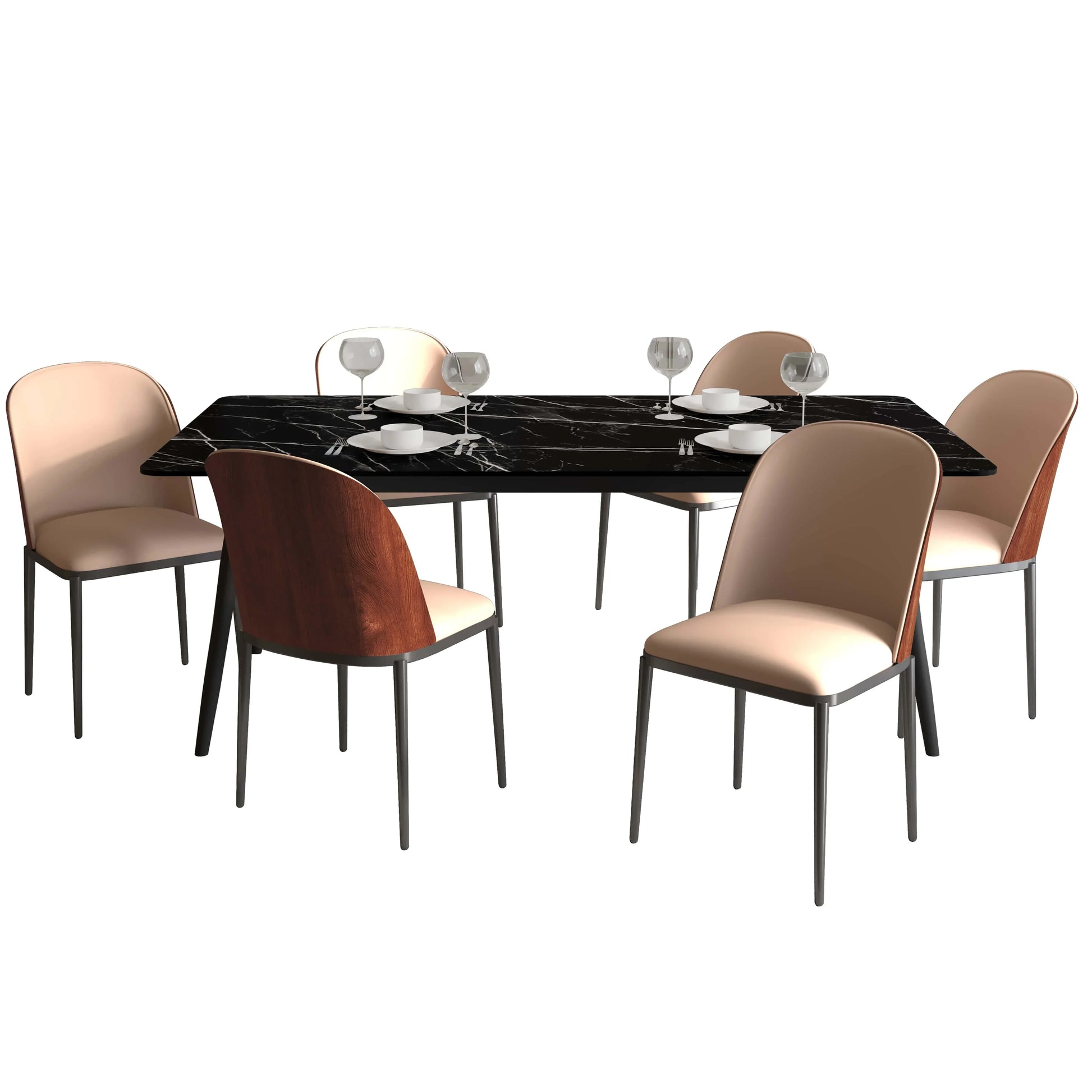 Zayle 7-Piece Dining Set with 55" Rectangular Dining Table in Black/Gold Sintered Stone Top and 6 Leather Dining Chairs - Elax Furniture