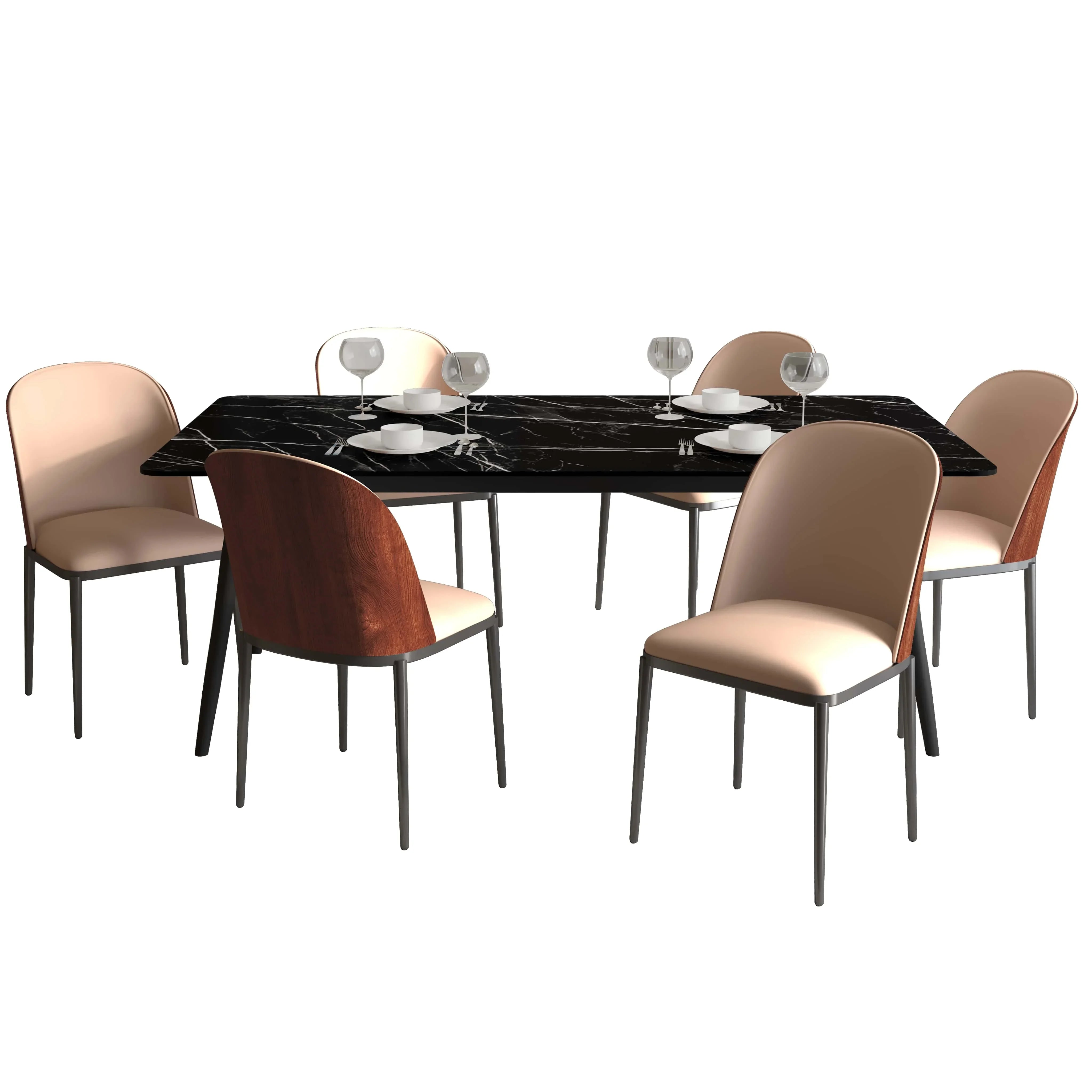 Zayle 7-Piece Dining Set with 55" Rectangular Dining Table in Black/Gold Sintered Stone Top and 6 Leather Dining Chairs - Elax Furniture