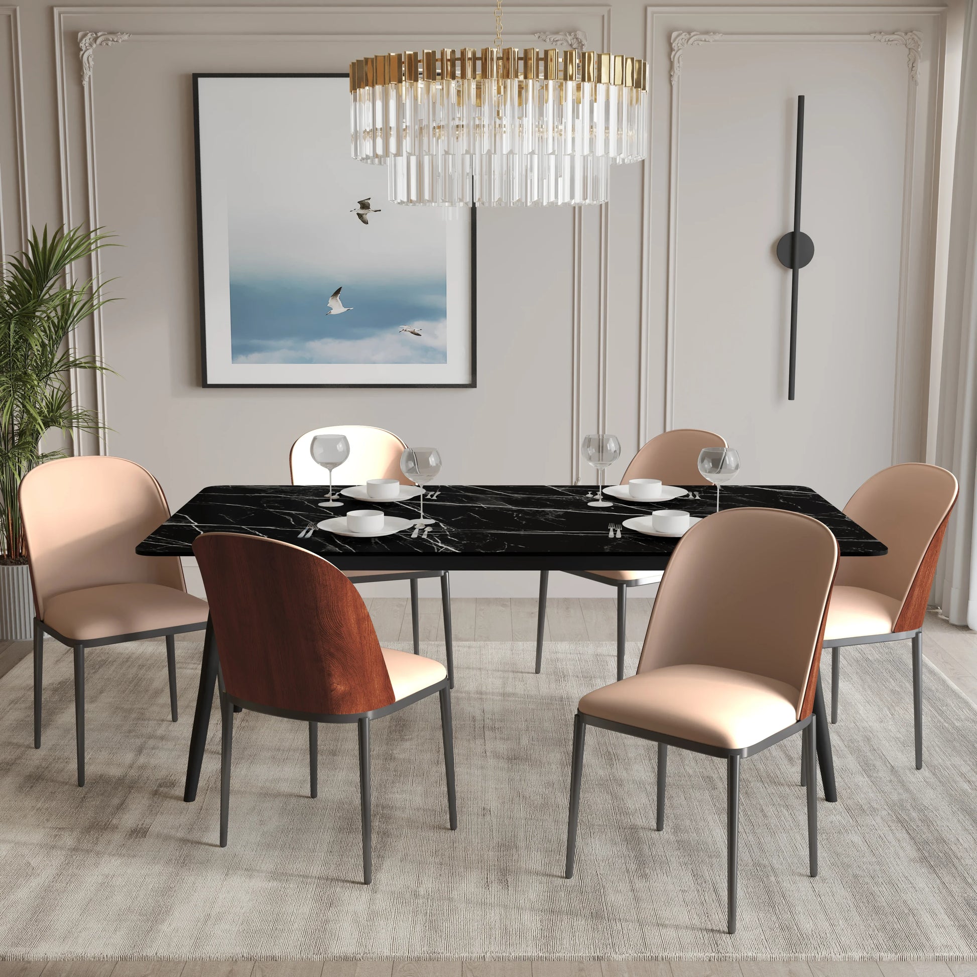 Zayle 7-Piece Dining Set with 55" Rectangular Dining Table in Black/Gold Sintered Stone Top and 6 Leather Dining Chairs - Elax Furniture