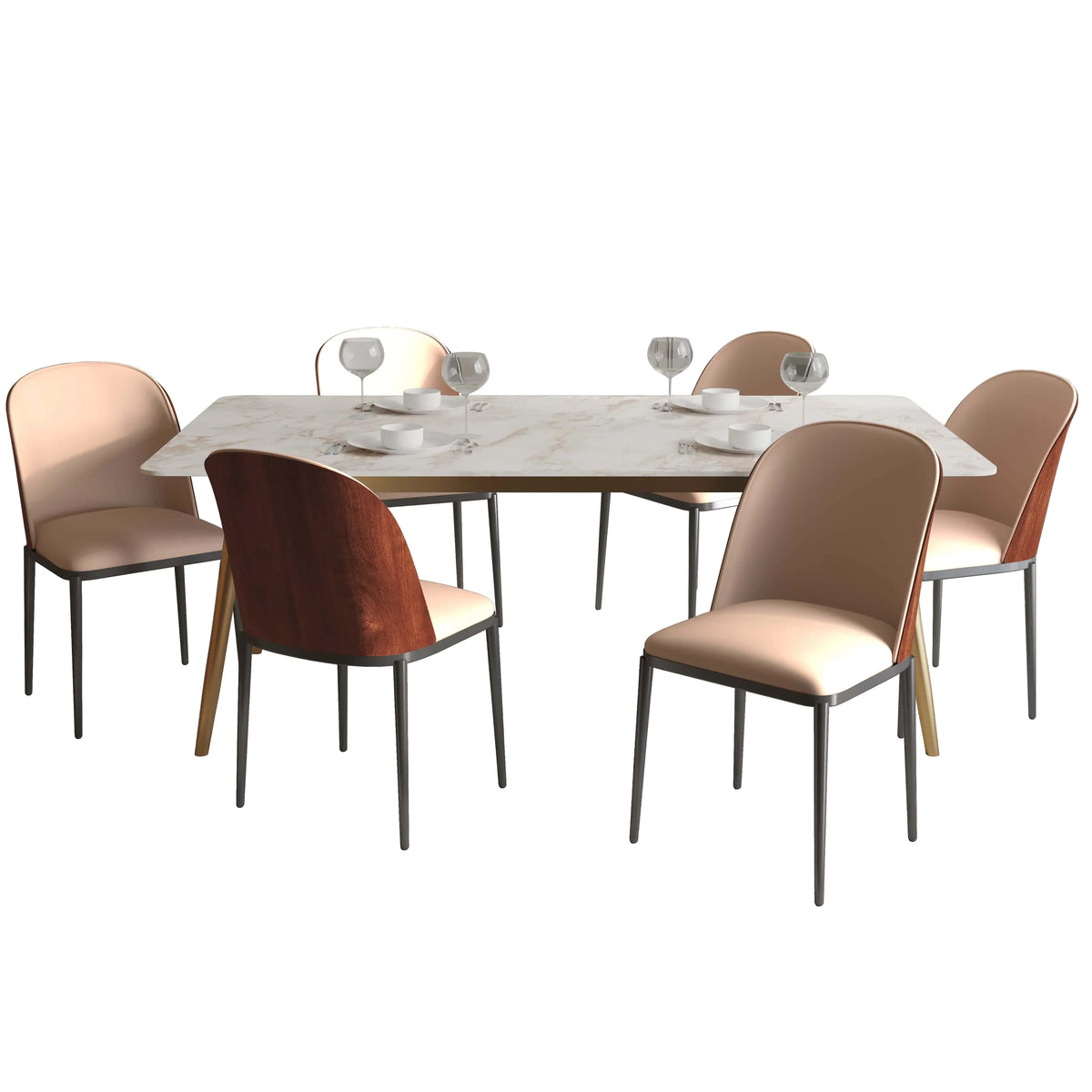 Zayle 7-Piece Dining Set with 55" Rectangular Dining Table in White Grey Sintered Stone Top and 6 Leather Dining Chairs - Elax Furniture