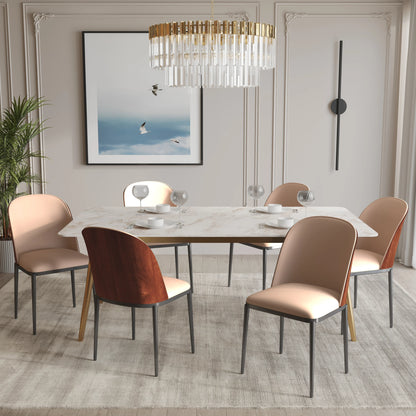 Zayle 7-Piece Dining Set with 55" Rectangular Dining Table in White Grey Sintered Stone Top and 6 Leather Dining Chairs - Elax Furniture