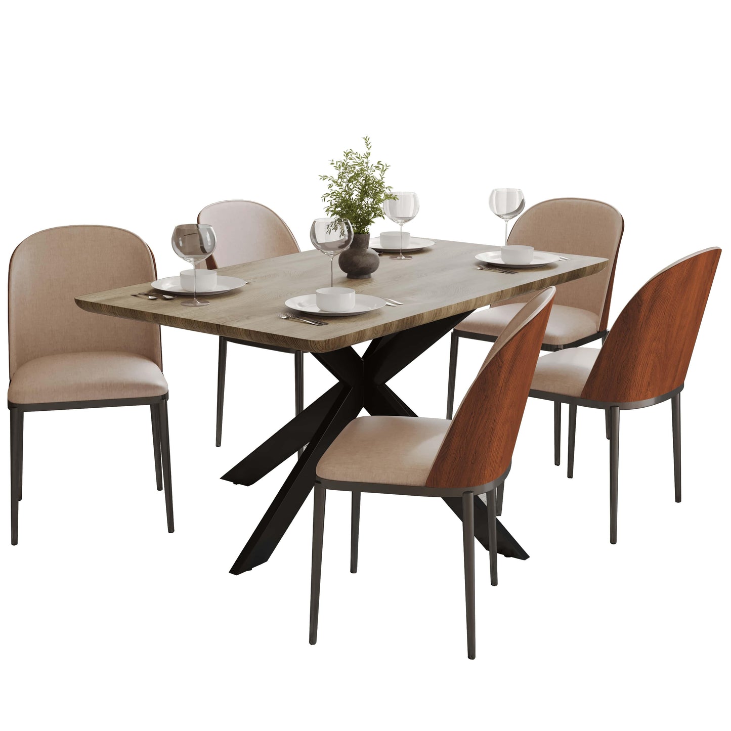 Ravenna 6-Piece Dining Set with 63" Rectangular Dining Table in Natural Wood MDF and 5 Leather/Fabric/Suede Fabric Dining Chairs - Elax Furniture