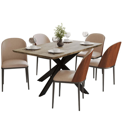 Ravenna 6-Piece Dining Set with 63" Rectangular Dining Table in Natural Wood MDF and 5 Leather/Fabric/Suede Fabric Dining Chairs - Elax Furniture