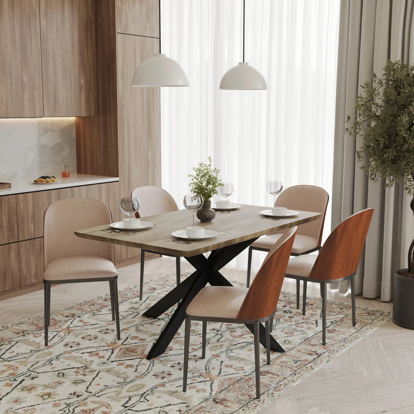 Ravenna 6-Piece Dining Set with 63" Rectangular Dining Table in Natural Wood MDF and 5 Leather/Fabric/Suede Fabric Dining Chairs - Elax Furniture