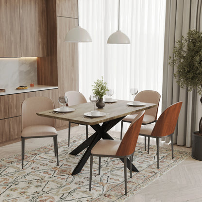 Ravenna 6-Piece Dining Set with 63" Rectangular Dining Table in Natural Wood MDF and 5 Leather/Fabric/Suede Fabric Dining Chairs - Elax Furniture