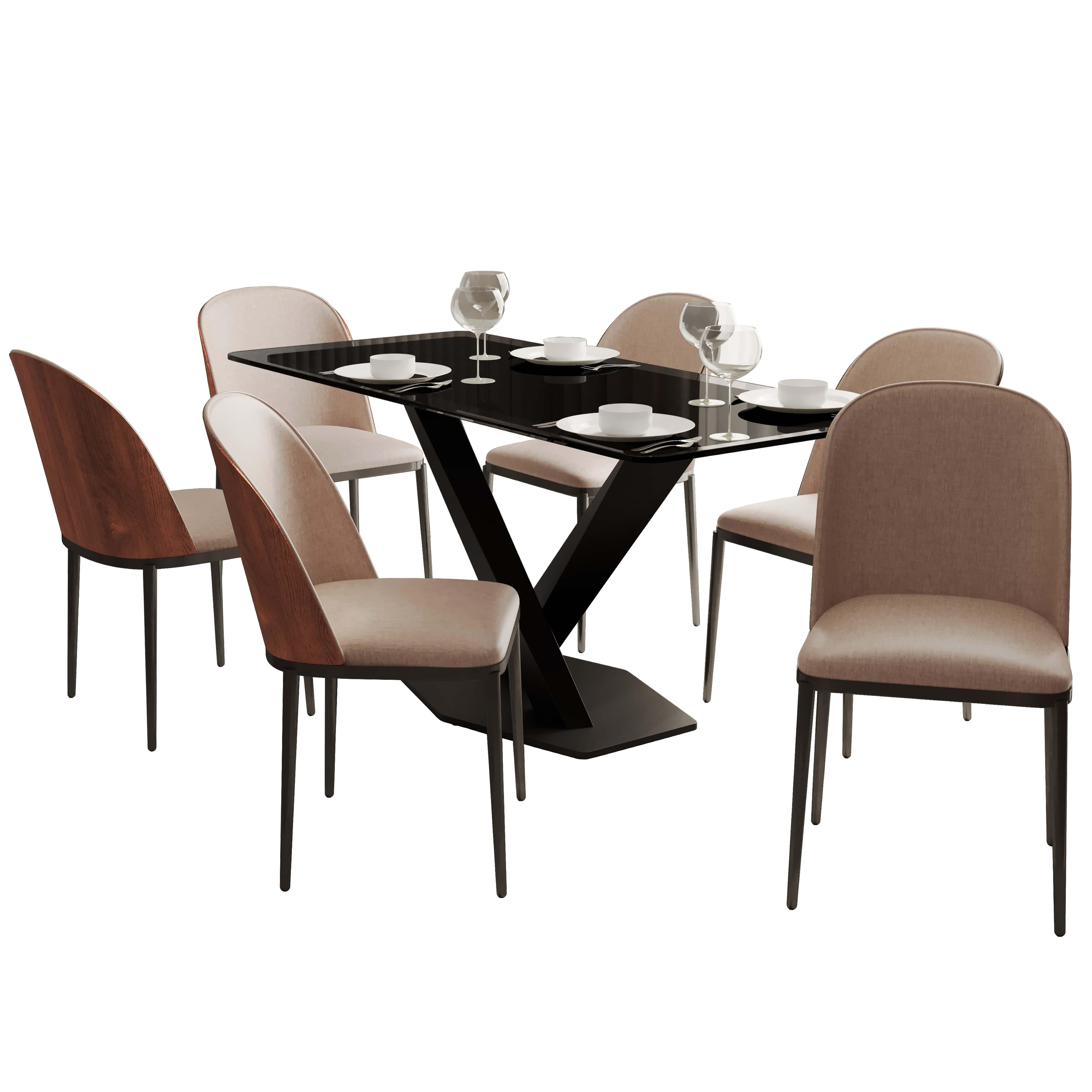 Voren 7-Piece Dining Set with 55" Rectangular Dining Table in Black Glass Top and 6 Leather/Velvet/Suede Fabric Dining Chairs - Elax Furniture