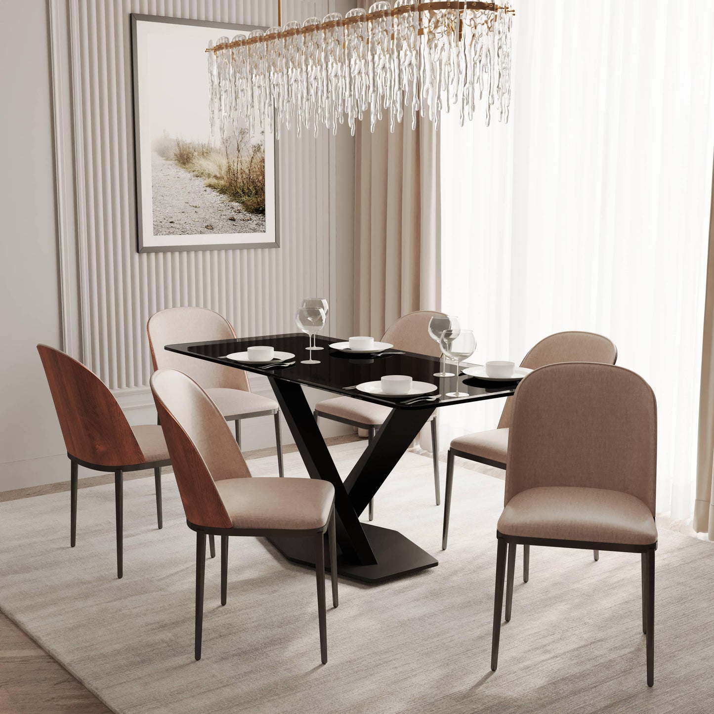 Voren 7-Piece Dining Set with 55" Rectangular Dining Table in Black Glass Top and 6 Leather/Velvet/Suede Fabric Dining Chairs - Elax Furniture